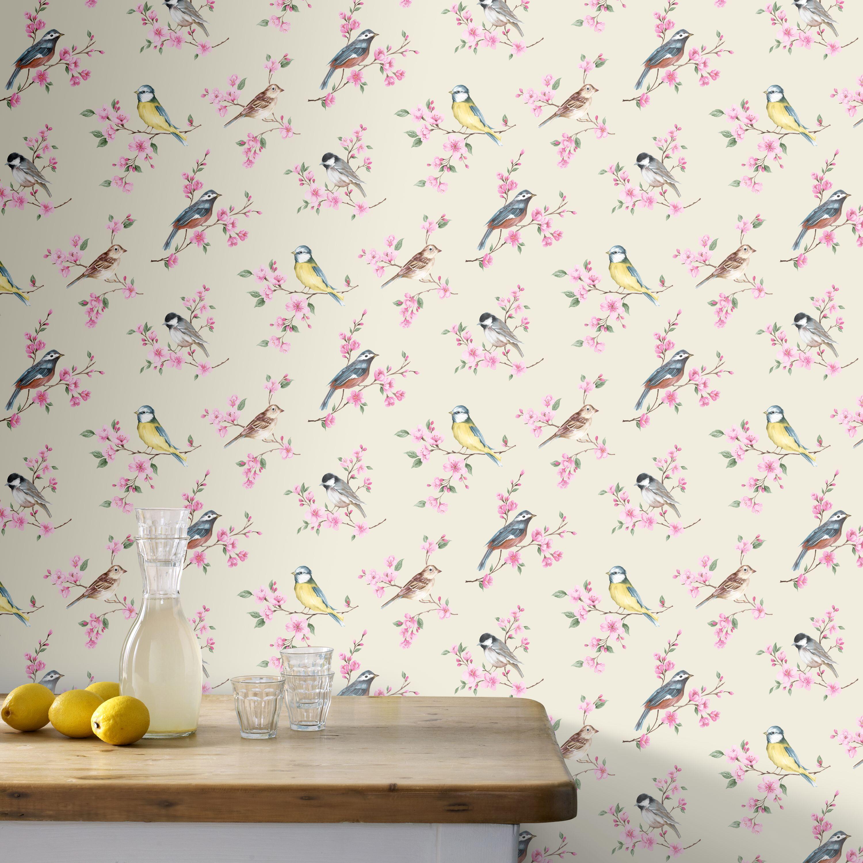 Papel pintado vinílico pájaros y cerezos beige 0,53x10,05 metros