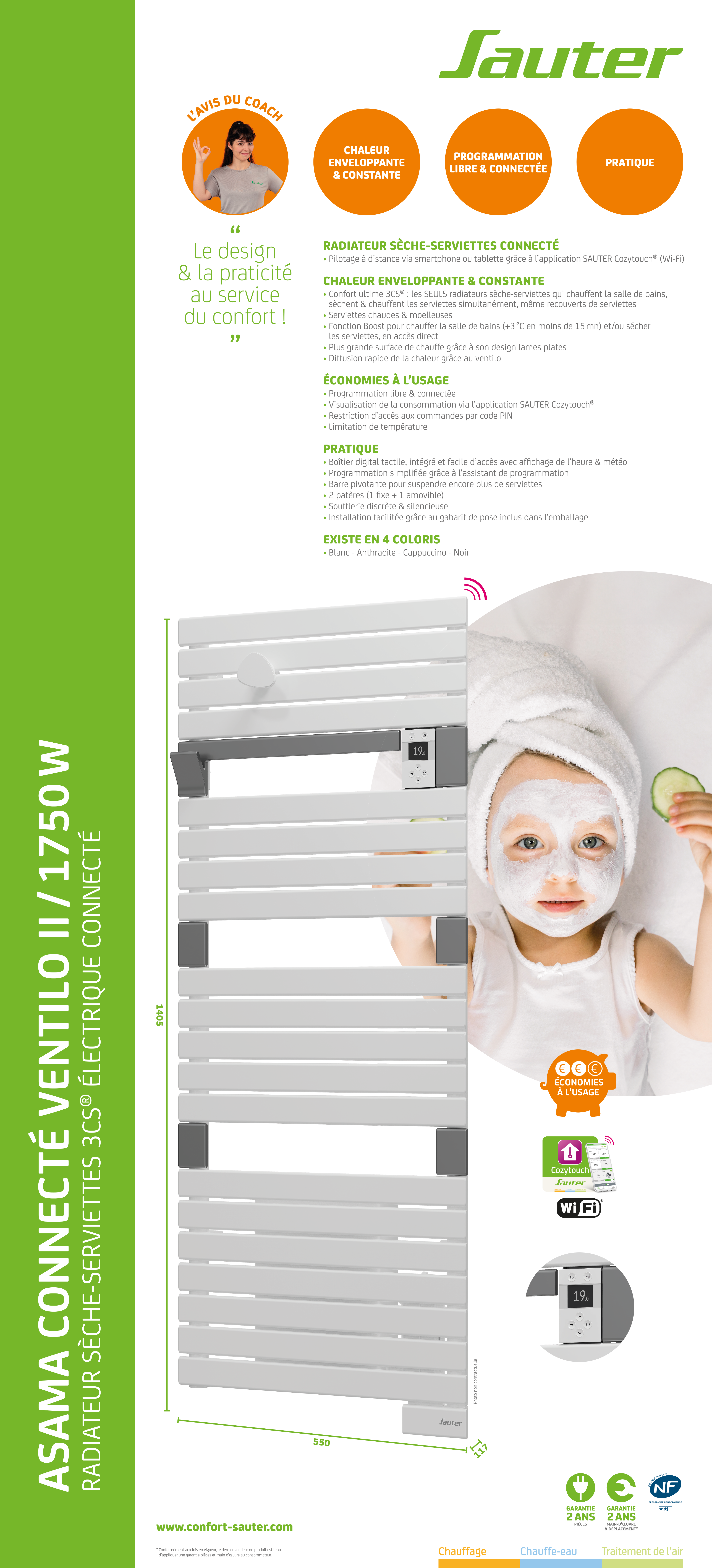 Sèche-serviettes électrique soufflant connecté 2 SAUTER 1750W Asama cappuccino - 7