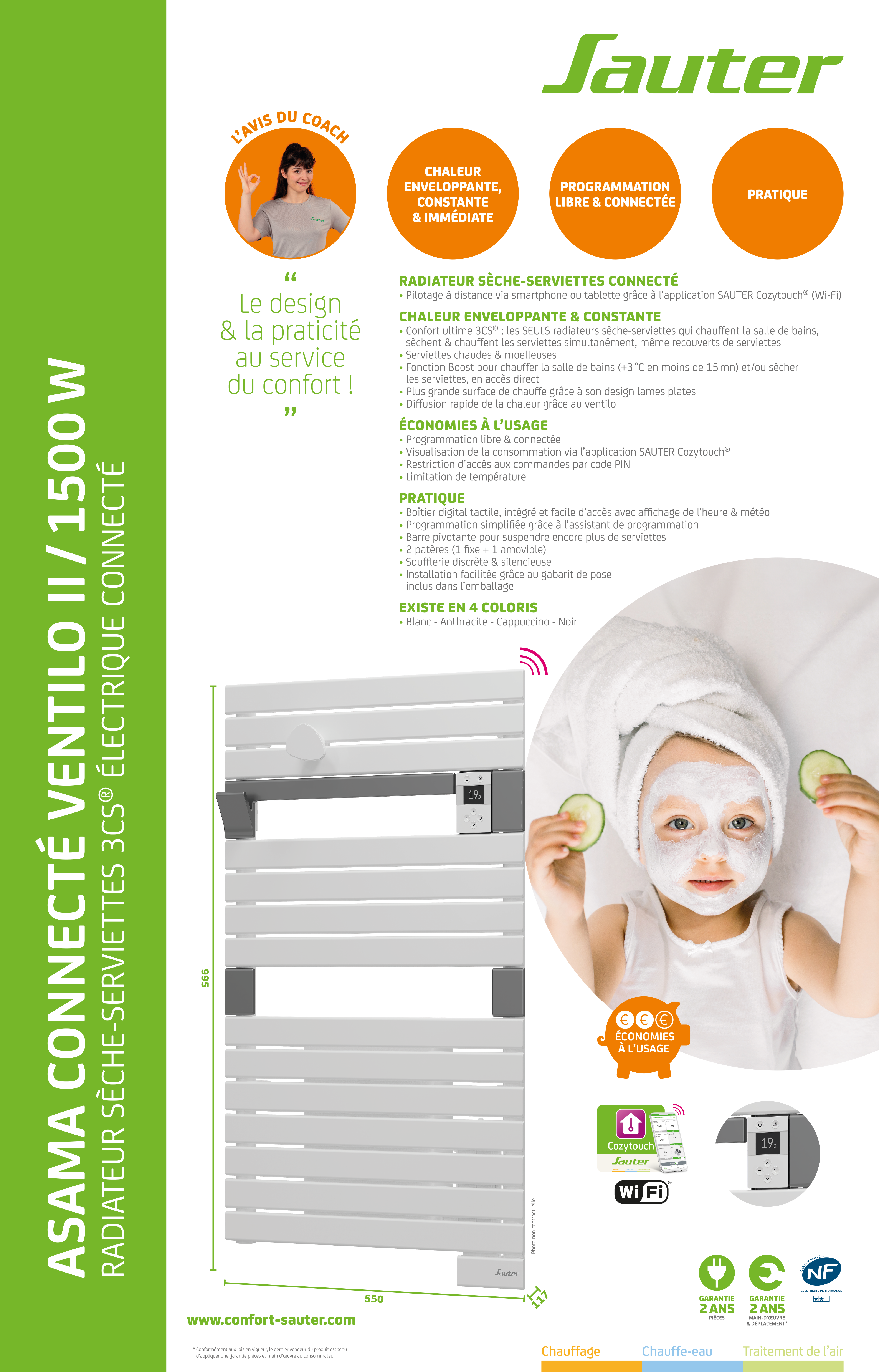 Sèche-serviettes électrique soufflant connecté 2 SAUTER 1500W Asama cappuccino - 6