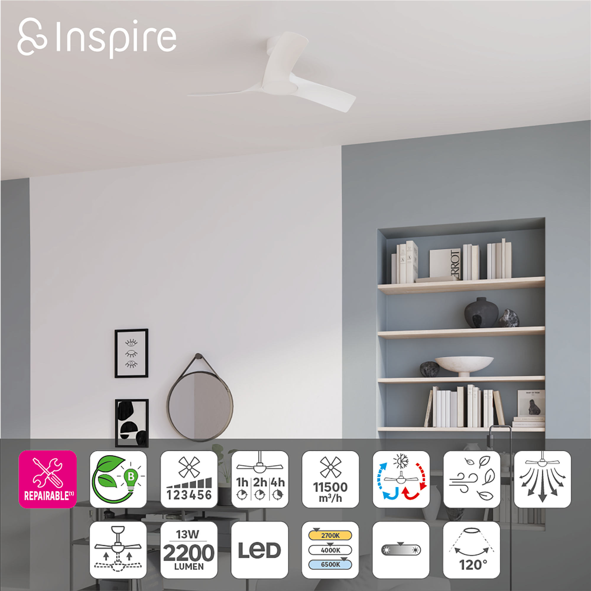 Ventoinha de teto com lâmpada 112 cm 2200 Lm CCT dimável branco Aruba Plus Inspire
 - 6