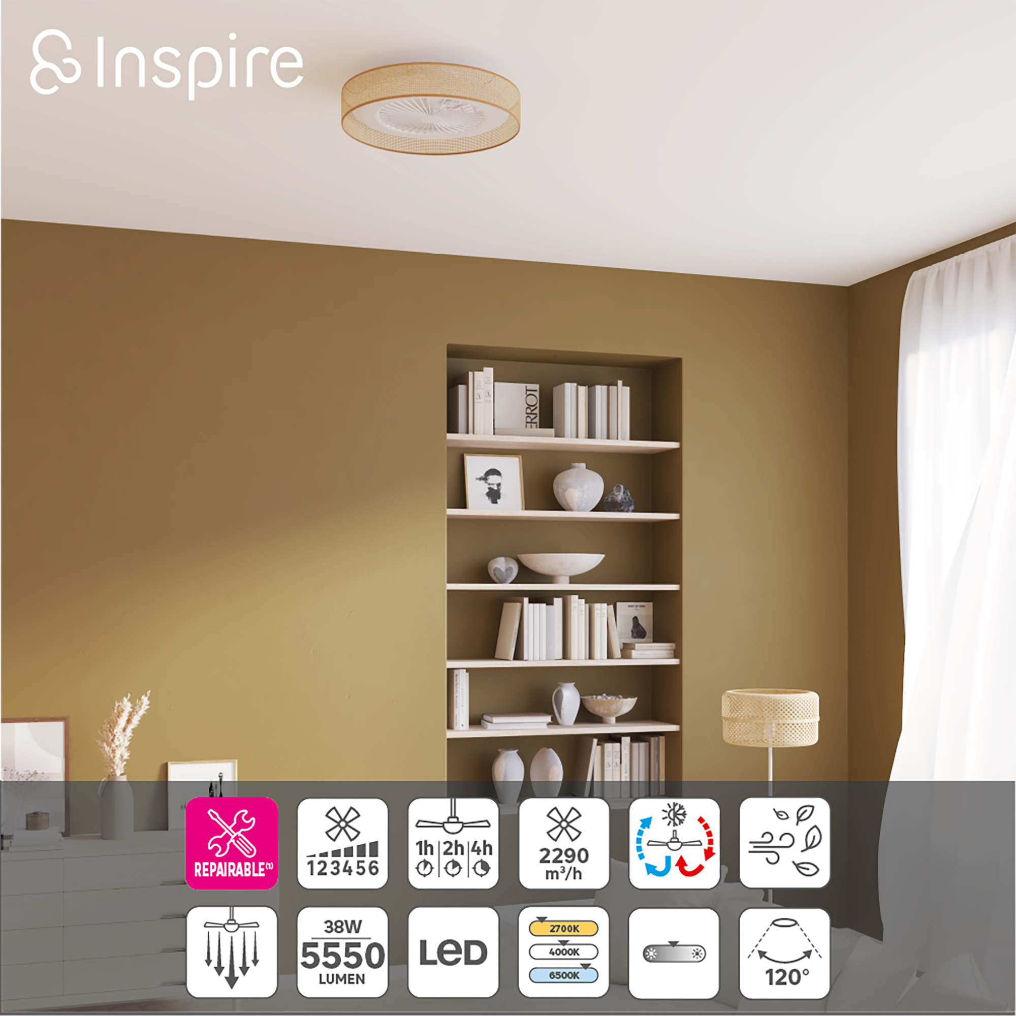 Ventoinha de teto com lâmpada silenciosa D55 555o Lm CCT DC branco Raffan Inspire
 - 8