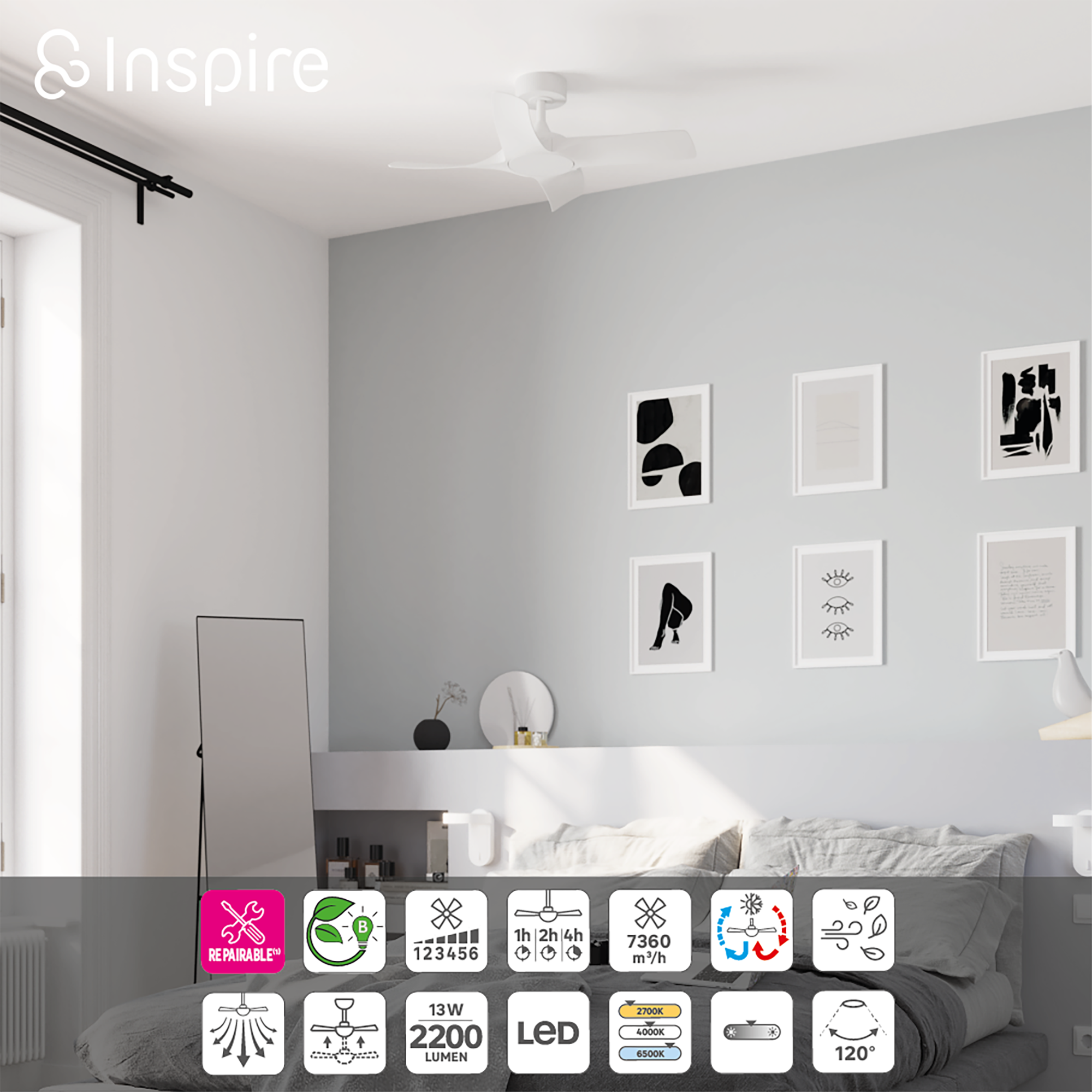 Ventoinha Siroco Plus 91cm DC dimável/cct 2200lm branco Inspire - 6