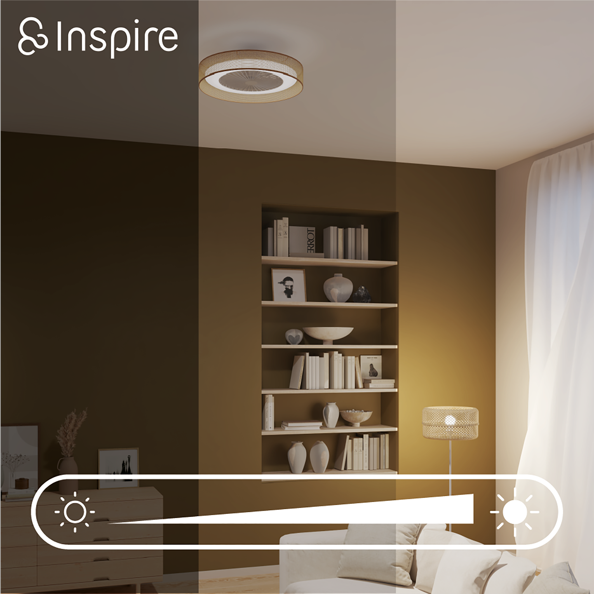 Ventoinha de teto com lâmpada silenciosa D55 555o Lm CCT DC branco Raffan Inspire
 - 7