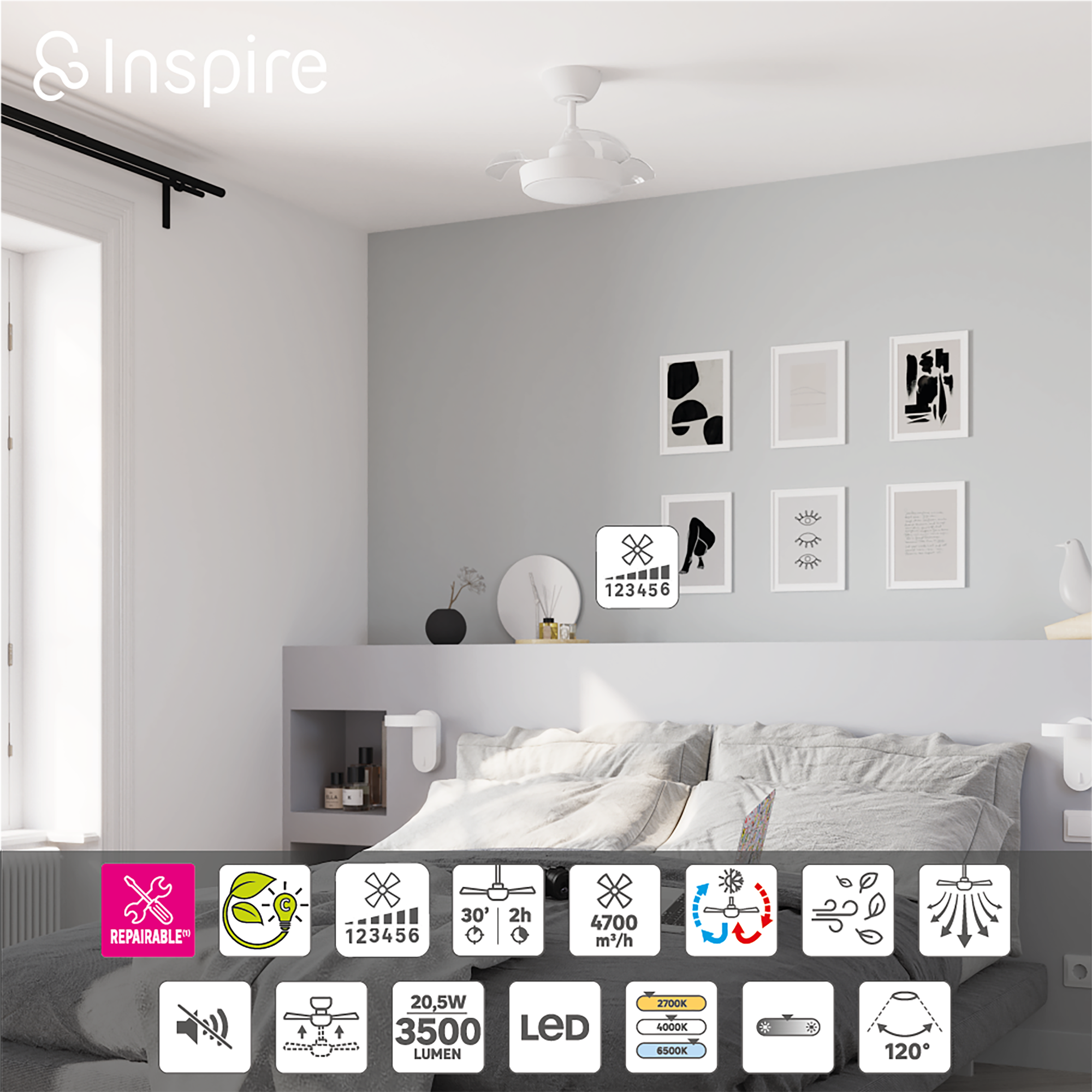 Ventilador de techo con luz retráctil silencioso DC INSPIRE Wizz Lorca blanco 54 cm color luz regulable - 7