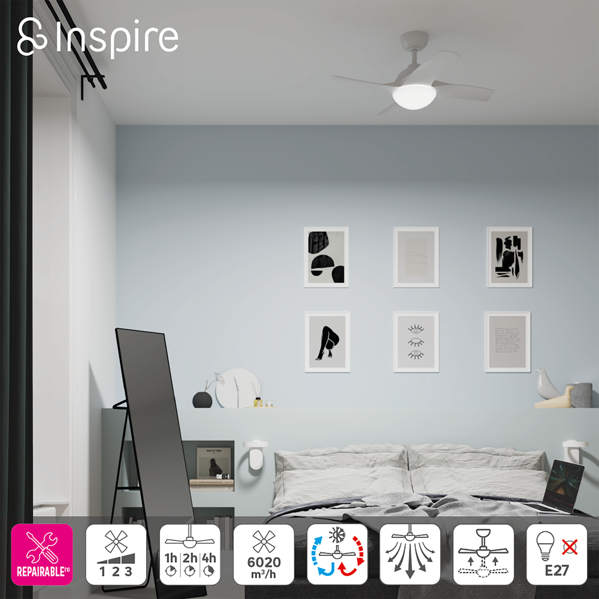 Ventilador de techo con luz E27 AC con mando INSPIRE Siroco blanco ø91 cm - 5