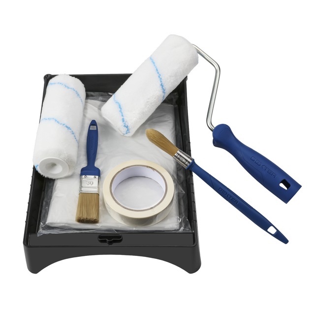 Kit para pintar superficies lisas compuesto de 2 recambios 180mm + plástico de cubrición 4x5m  + cinta de pintor 25mx25mm + brocha recortar 15mm + brocha plana 30mm + bandeja 180mm + mango(pp, varilla  acero diámetro 8 mm) DEXTER
