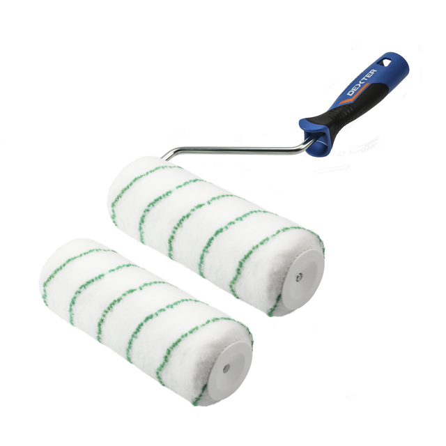 Kit para pintar superficies rugosas compuesto de 2 recambios de rodillo de 220 mm (poliamida, blanca con raya verde, peso 1200 g, altura del pelo: 14 mm) + mango de rodillo suave al tacto DEXTER
