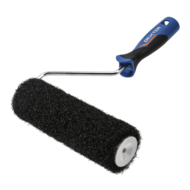 Rodillo para pintar fachadas rugosas y aplicar masilla DEXTER de 220 mm de anchura, 48 mm de diámetro, pelo largo (más de 12 mm). Fibra de poliamida. Varilla de acero.