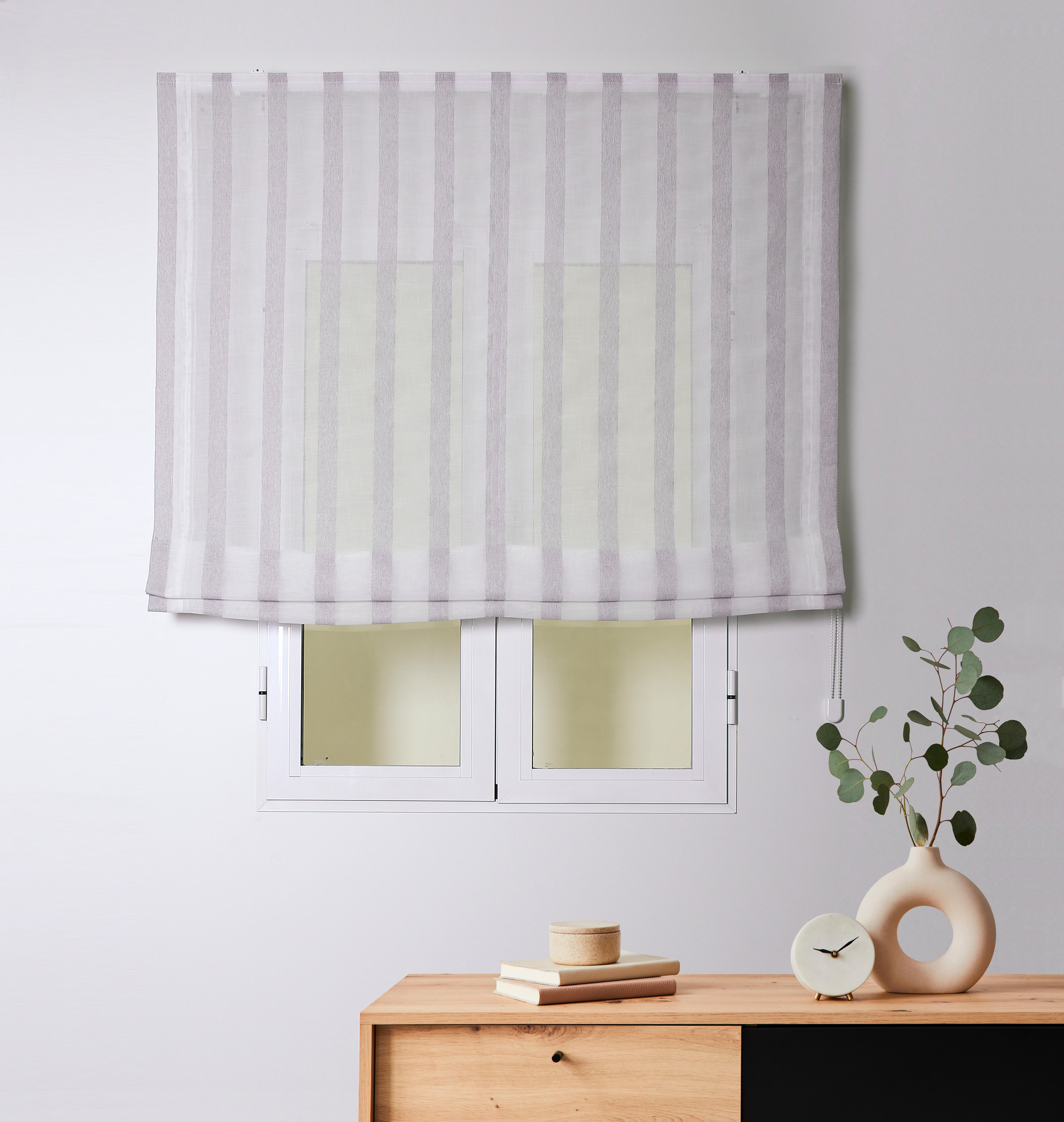 Estor plegable paqueto semi-trasparente con cadena sicilia poliéster rayas blanco, gris de 180x250 cm