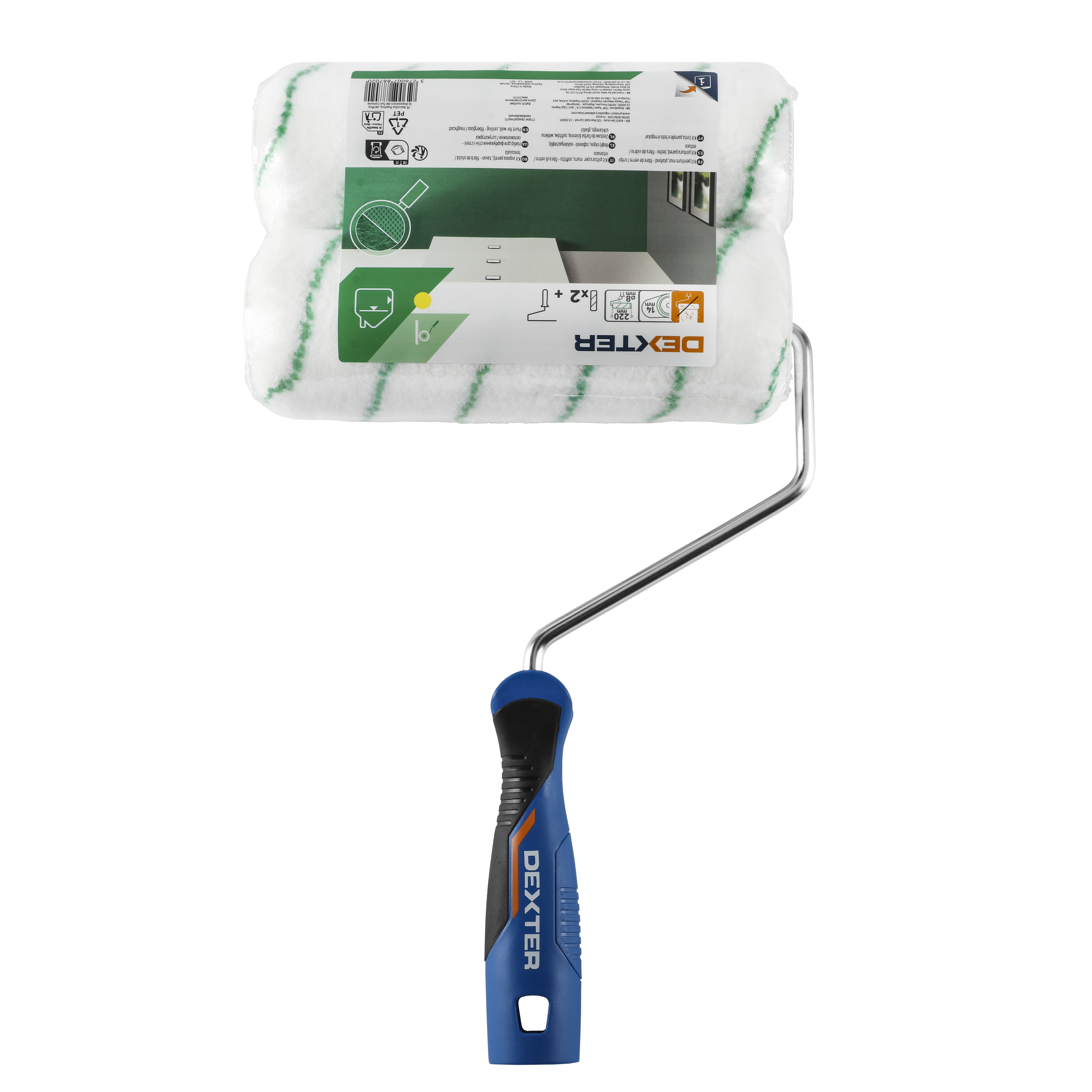Kit para pintar superficies rugosas compuesto de 2 recambios de rodillo de 220 mm (poliamida, blanca con raya verde, peso 1200 g, altura del pelo: 14 mm) + mango de rodillo suave al tacto DEXTER - 4
