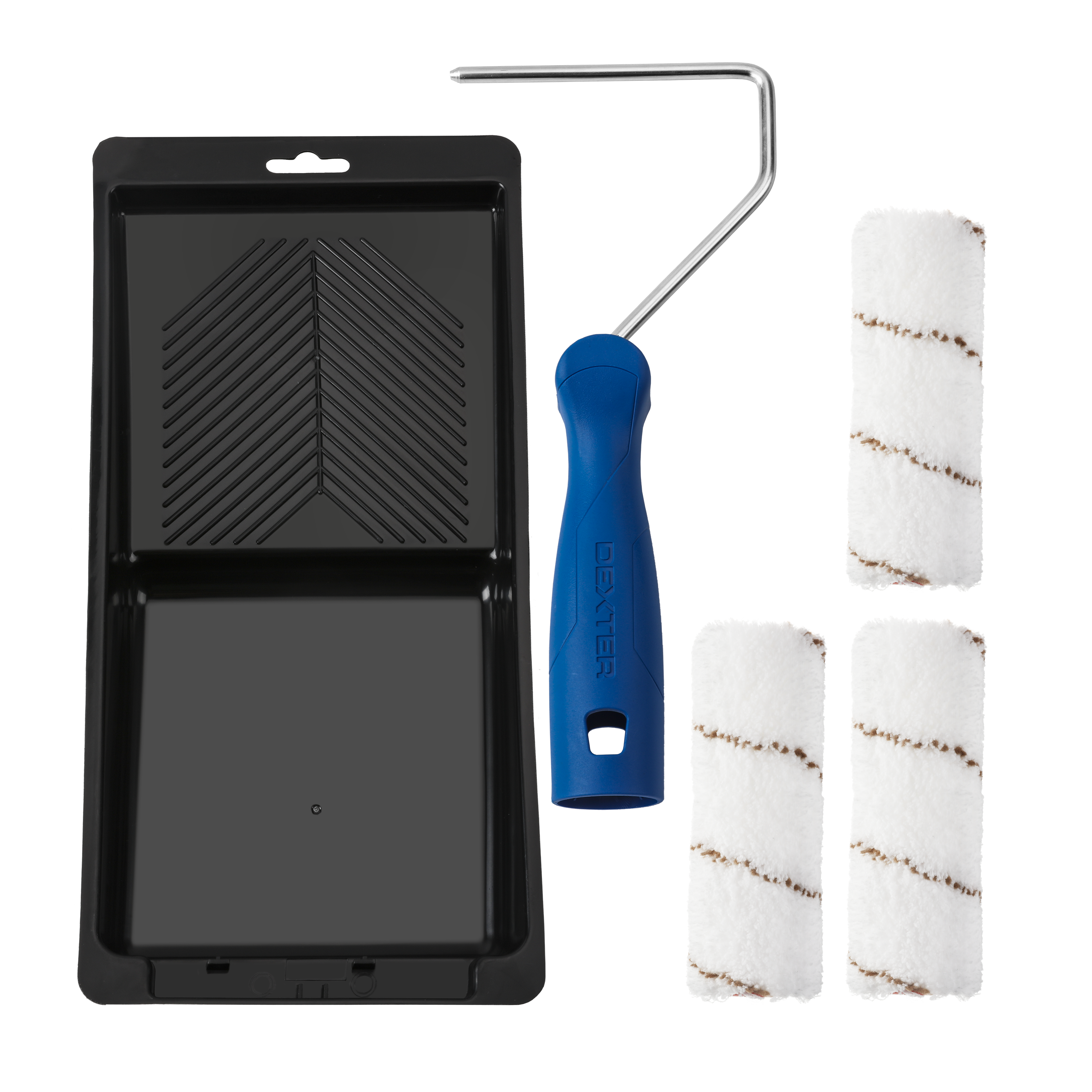 Kit para barnizar compuesto de 1 mango de mini rodillo 120mm (mango pp, varilla de acero de diámetro 6mm) + 3 recambios de rodillo (poliamida + poliéster, blanco con raya marrón, peso: 660g, altura del pelo: 8mm) + 1 mini bandeja 120 mm dexter