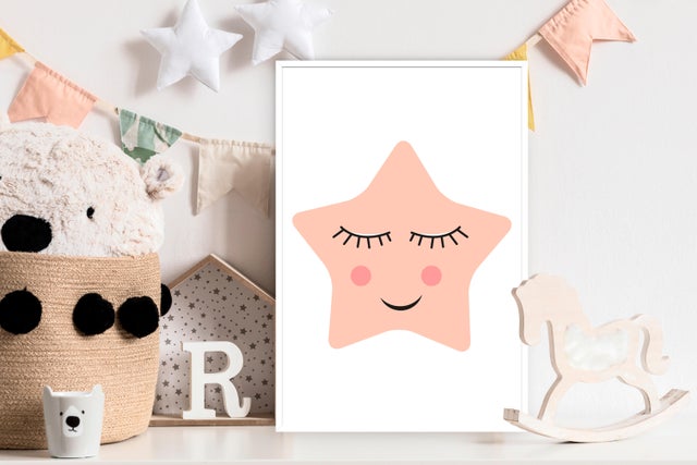 Cuadro pintura impresa enmarcada Infantil rectangular de 21 x 31 cm. MDF G Estrella rosa. Marco color Blanco