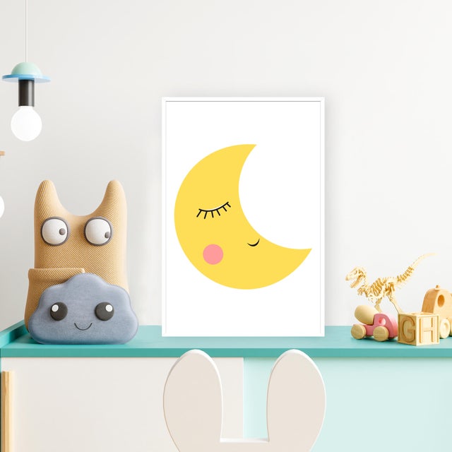 Cuadro pintura impresa enmarcada Infantil rectangular de 21 x 31 cm. MDF G Luna amarillo. Marco color Blanco