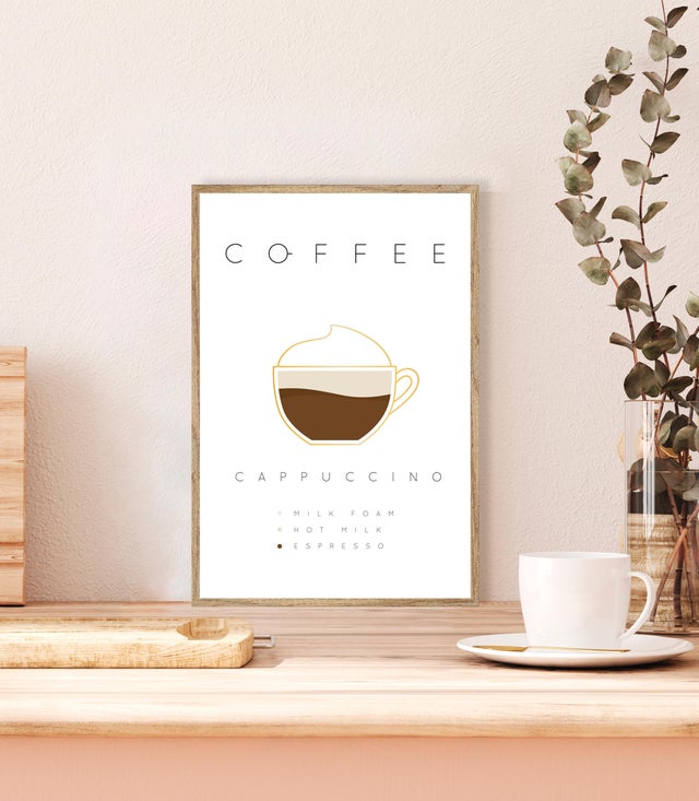 Cuadro pintura impresa enmarcada Comida y Bebida rectangular de 21 x 31 cm. MDF Café Cappuccino haya. Marco color Haya