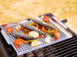 GRATICOLA GRIGLIA QUADRATA IN METALLO 20X20CM CON MANICO IN LEGNO PER  BARBECUE