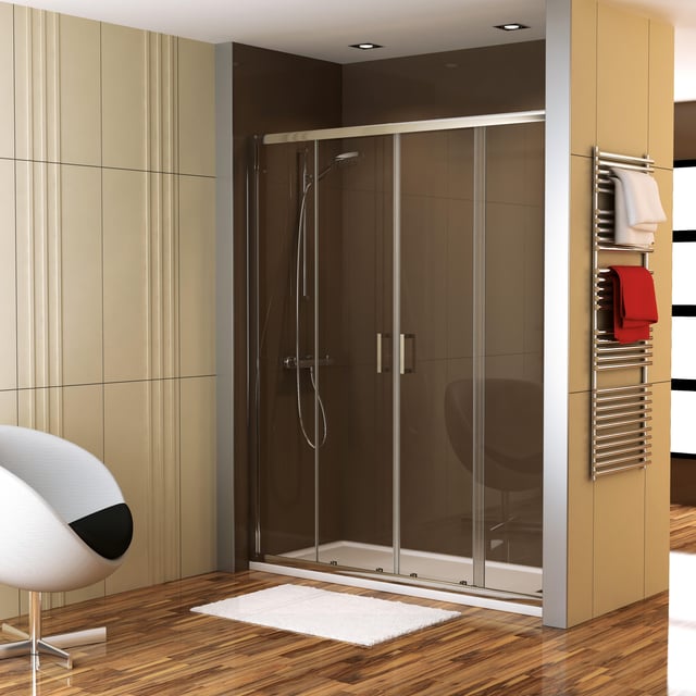 Mampara de ducha corredera 2 hojas fijas + 2 puertas correderas Bosco. Perfil aluminio cromo. Ancho adaptable (186-191)x195 cm Cristal templado de seguridad transparente 6mm. Cierre magnético. Sin guía inferior