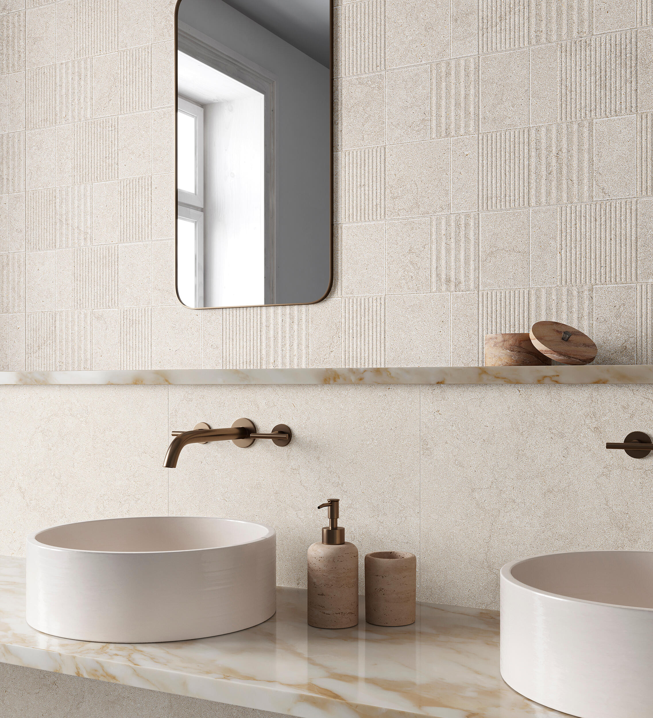 Azulejo porcelánico limestone efecto piedra relieve deco beige almond 32x62.5 cm c1