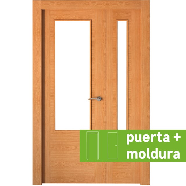 Pack puerta de interior abatible con fijo cristal maciza barnizada Line Plus Niza roble apertura izquierda cerco de 7x3 anchura 115cm + kit de tapetas