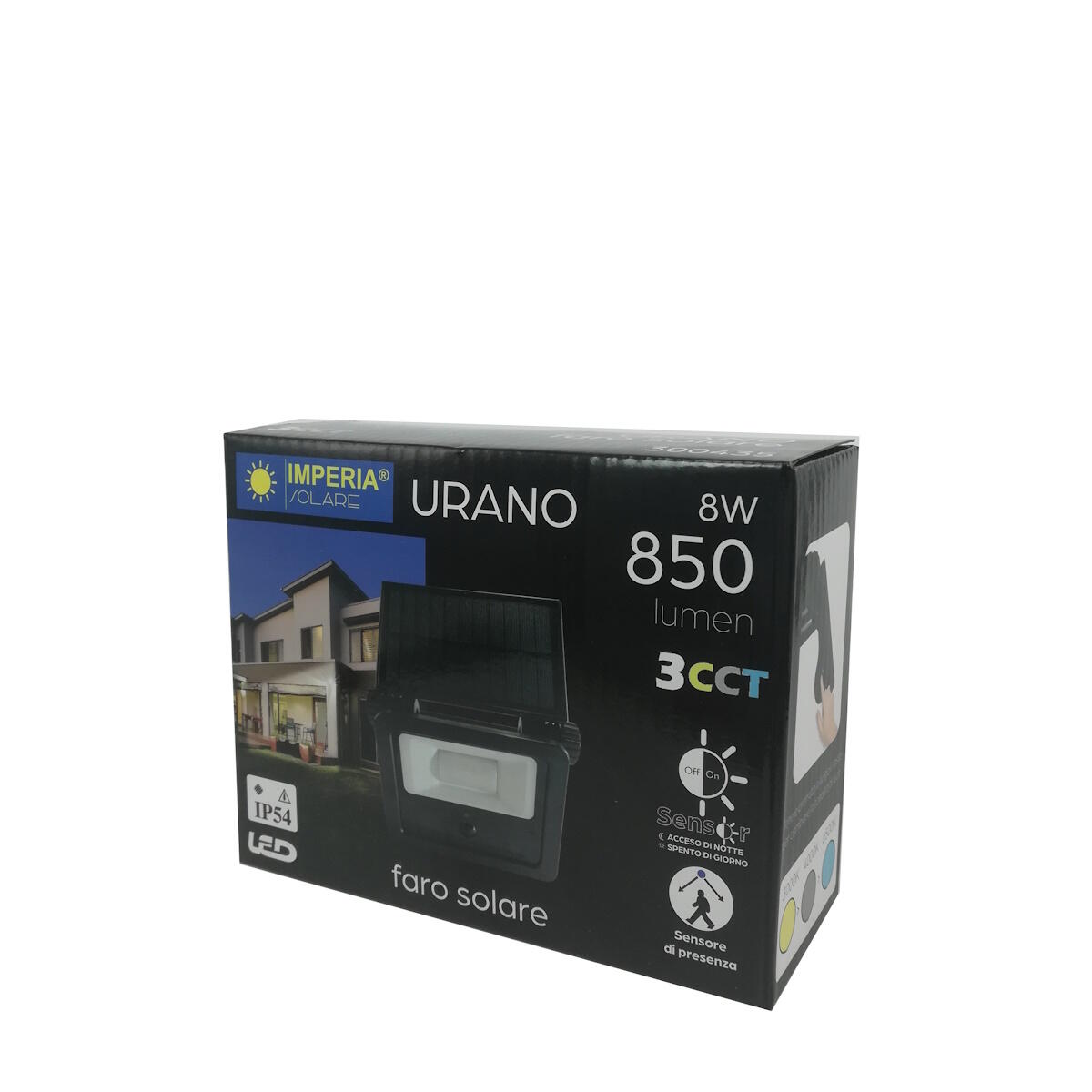 Faro da esterno con sensore di movimento Faretto Solare LED URANO - IMPERIA in abs, nero, Modulo LED 3x8W - 3