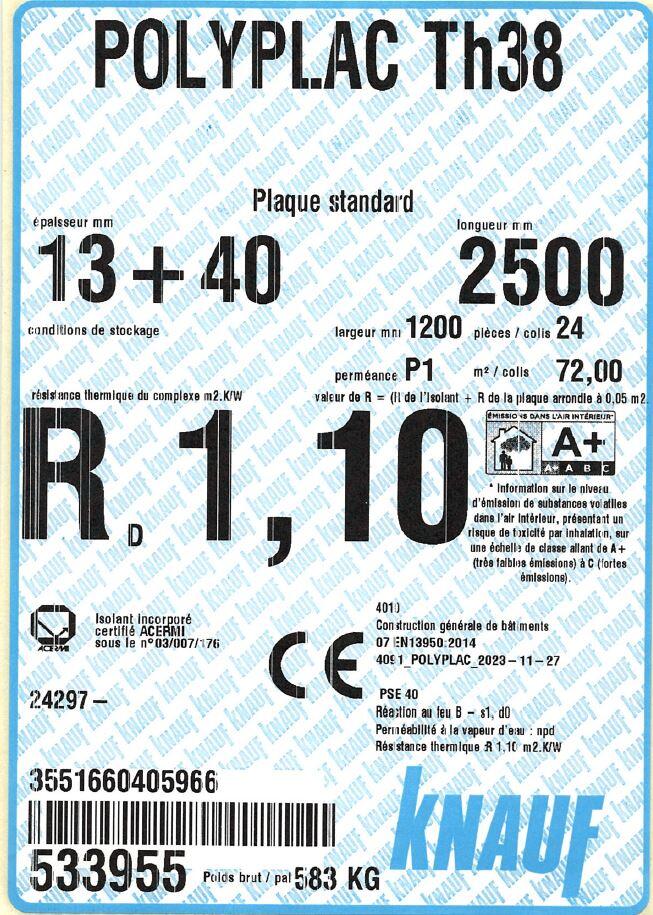 Doublage polystyrène TH38, Ep.13+40 mm Long.2,5 m x Larg.1,2 m - KNAUF - 2