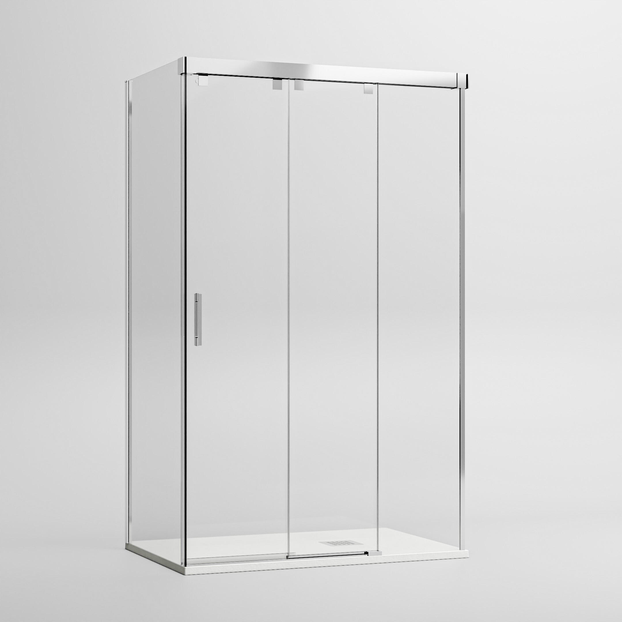 Mampara de ducha frontal con panel fijo lateral corredero transparente tovar perfil plata (121-125)+89 x195 cm