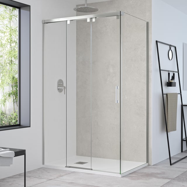 Mampara de ducha frontal con panel fijo lateral corredero transparente Tovar perfil plata (111-115)+90 x195 cm