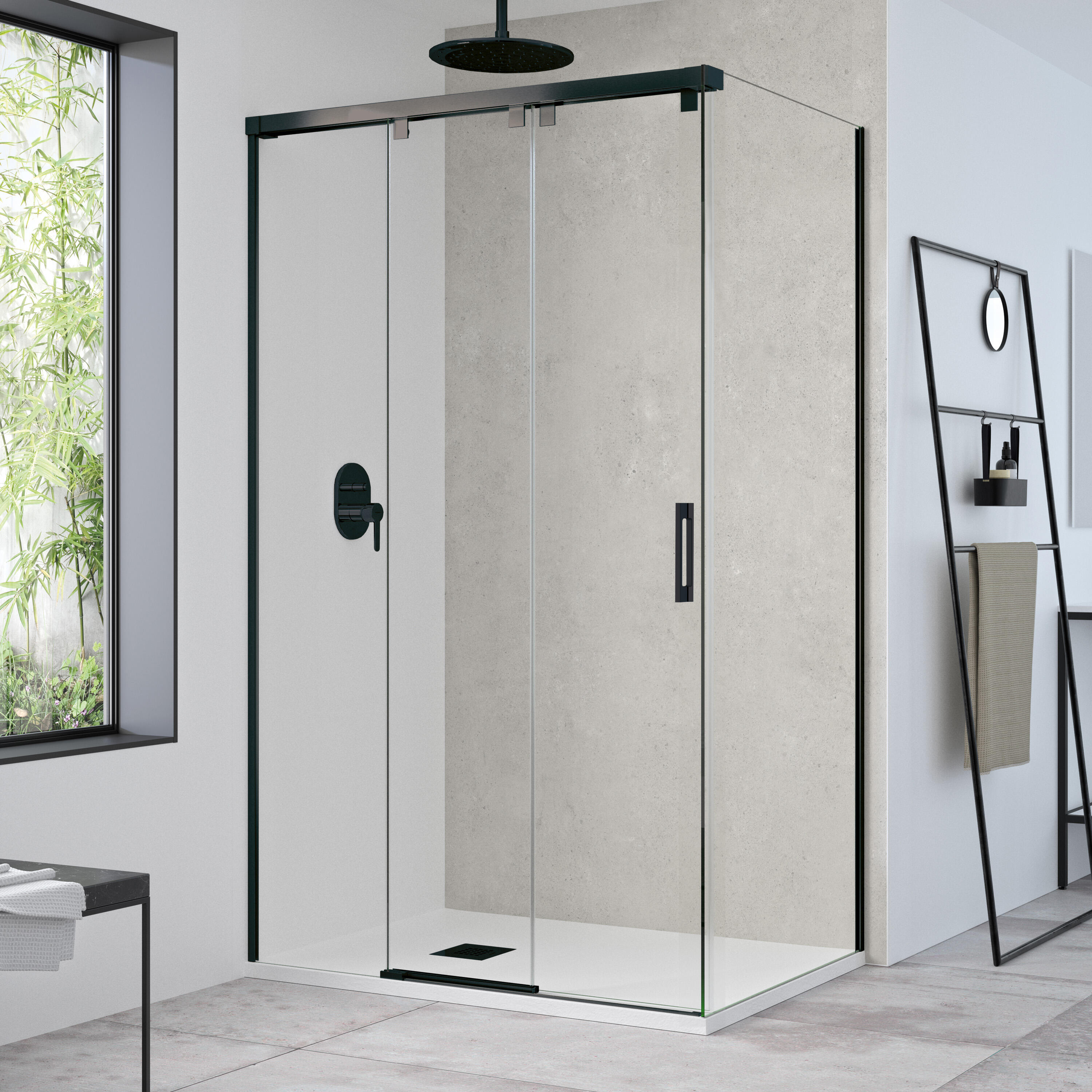 Mampara de ducha frontal con panel fijo lateral corredero transparente tovar perfil negro (106-110)+90 x195 cm
