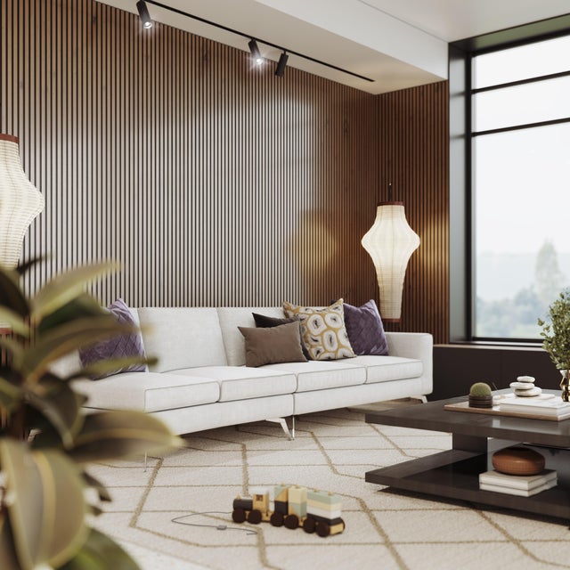 Lot de 2 panneaux MDF tasseaux Anna finition chêne artisan, fond noir, 260x25 cm