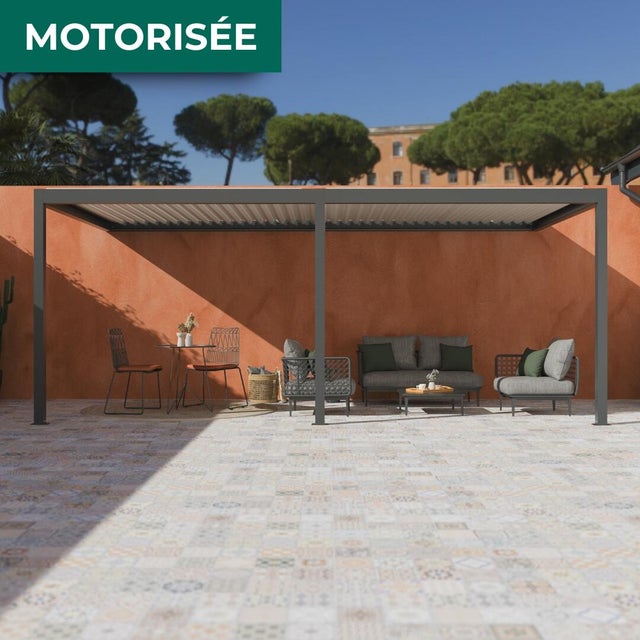 Pergola bioclimatique adossée + led Caleta TIERAL alu gris anthracite, 18.66 m²