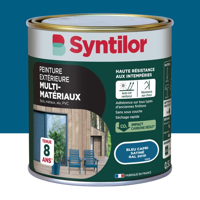 Peinture extérieure bois, aluminium, pvc . SYNTILOR bleu capri satiné 0.5L