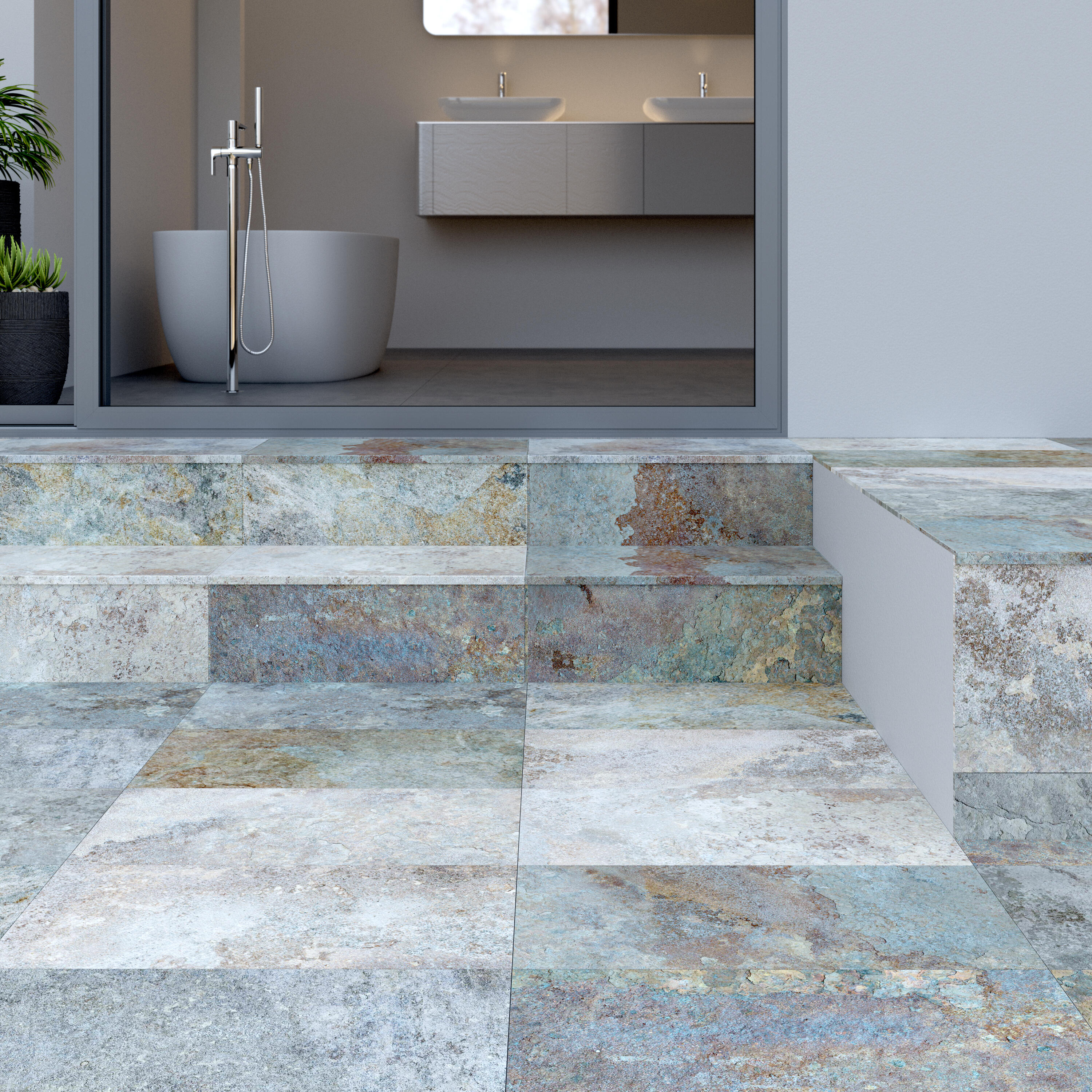 Peldaño gres porcelánico Ibor efecto piedra mix 60x32cm espesor 9mm - 2