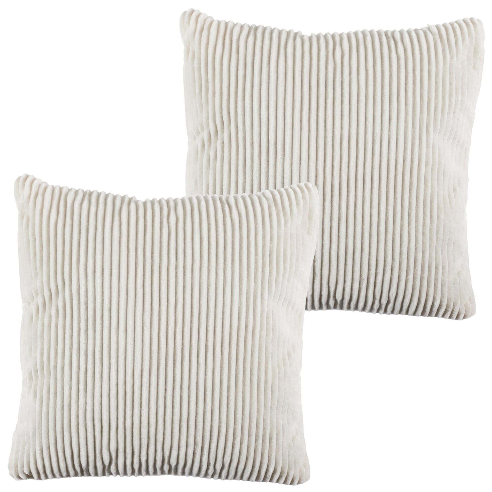 Pack 2 cojines decorativos cuadrados cocoonig franela rayas, liso blanco roto doble cara overlock y cosido 40x40cm