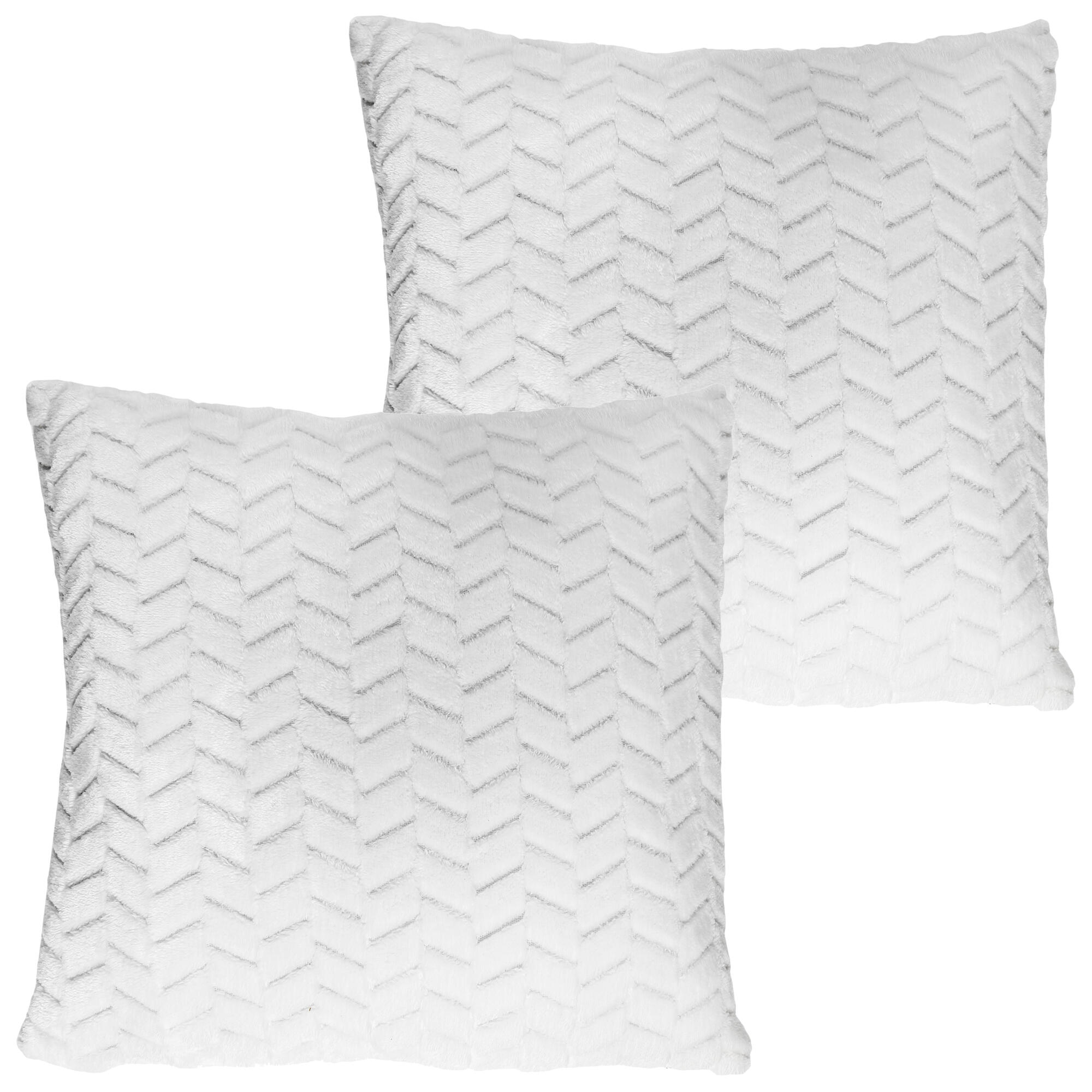 Pack 2 cojines decorativos cuadrado chevron felpa poliéster liso, espigas blanco doble cara overlock y cosido 40x40cm