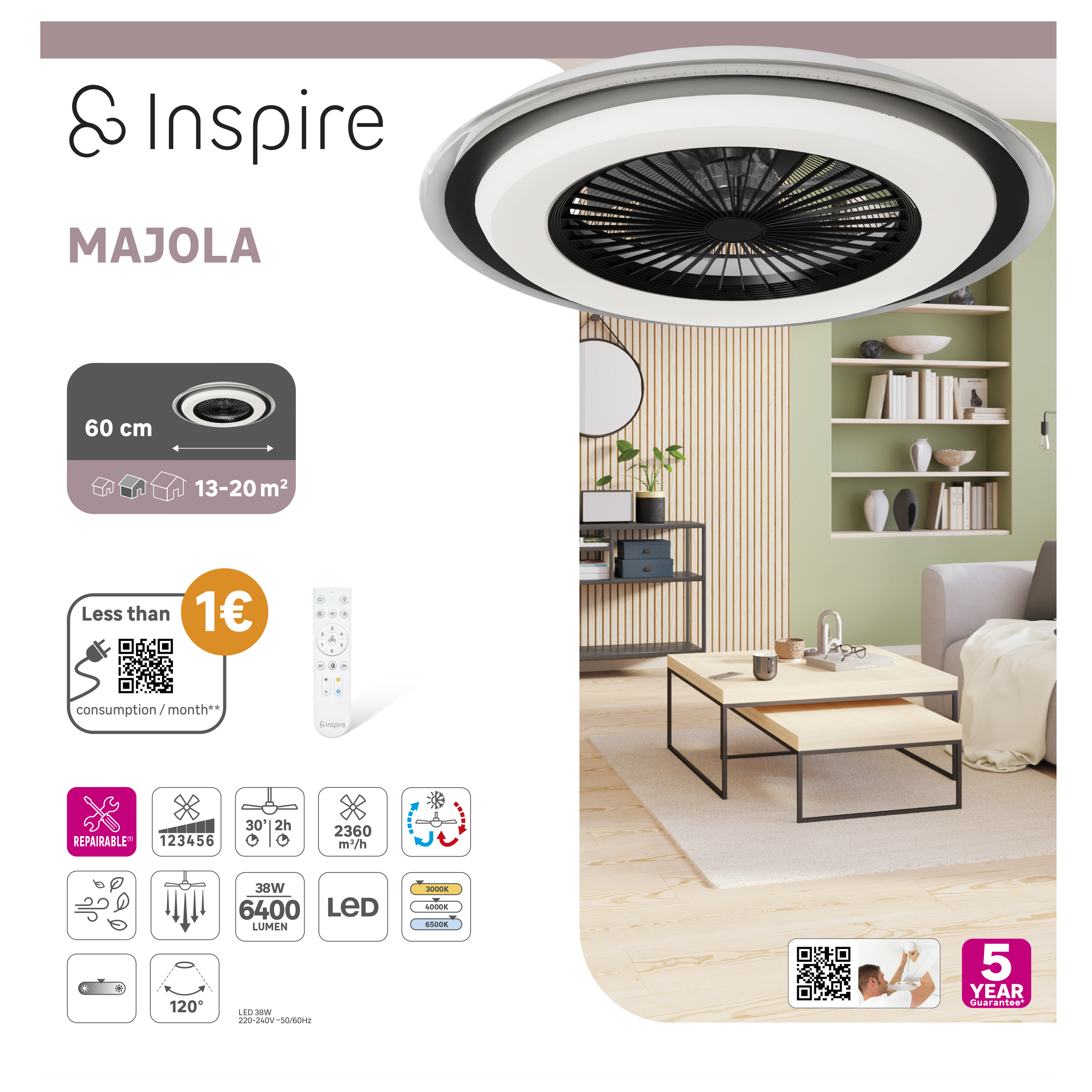 Lampowentylator Majola czarno-biały śr. 60 cm 6400 lm LED Inspire - 11