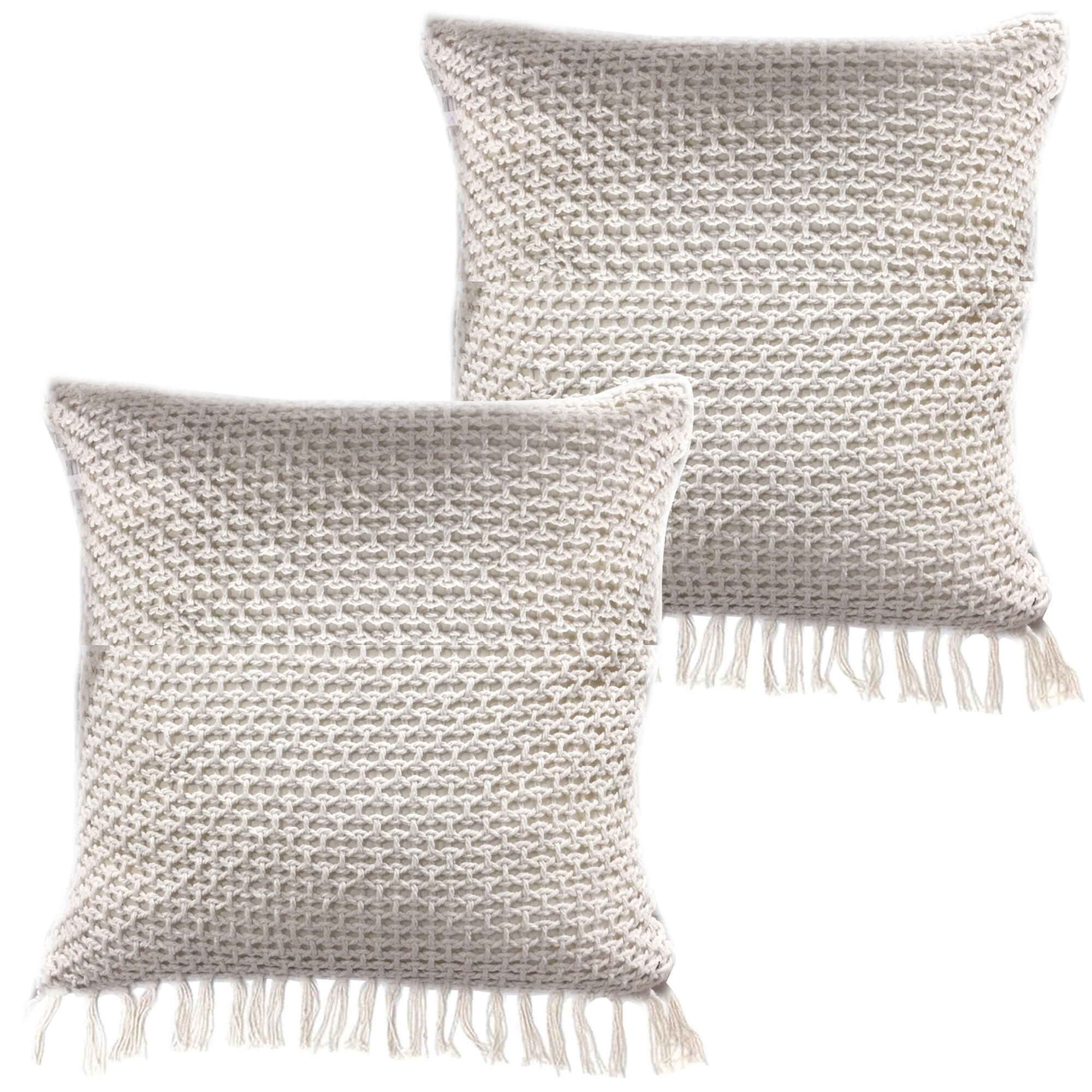 Pack 2 cojines decorativo cuadrado etnhical life algodón poliéster tricotado cuadrados blanco-plateado doble cara overlock y cosido 40x40cm