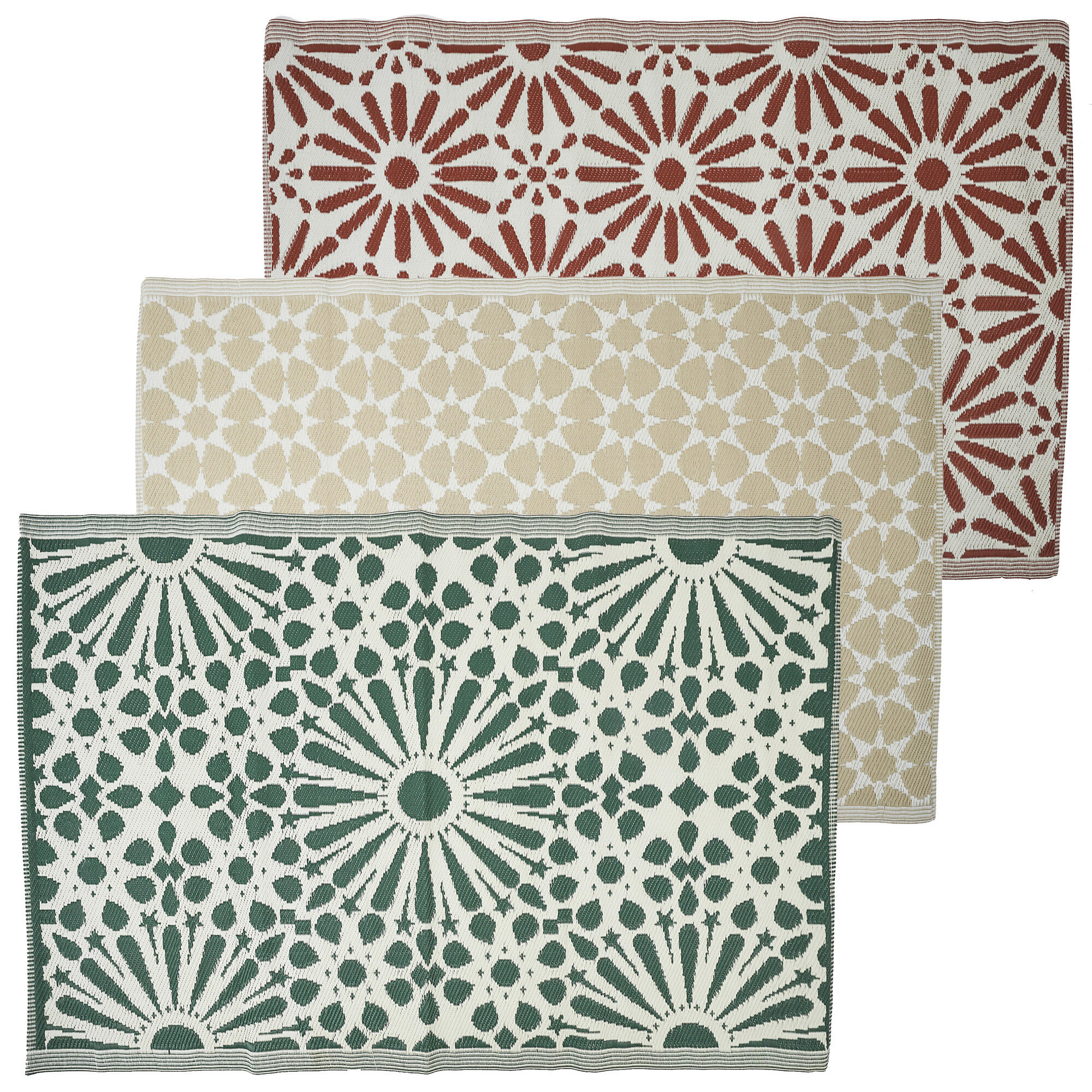 Alfombra exterior/interior polipropileno tejido plano beige vert rouge círculo, rayas verde, granate, beige 120x180cm