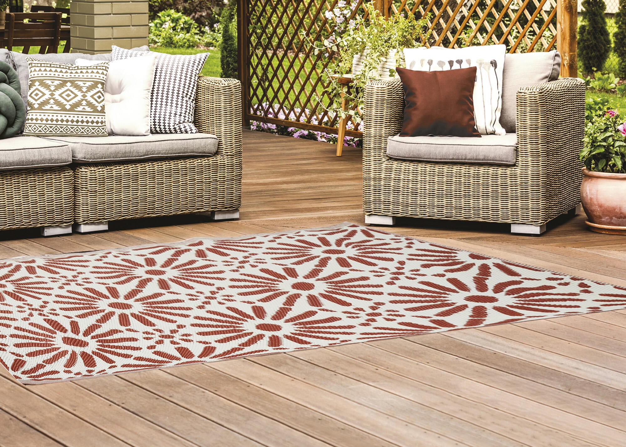 Alfombra exterior/interior polipropileno tejido plano beige vert rouge círculo, rayas verde, granate, beige 120x180cm