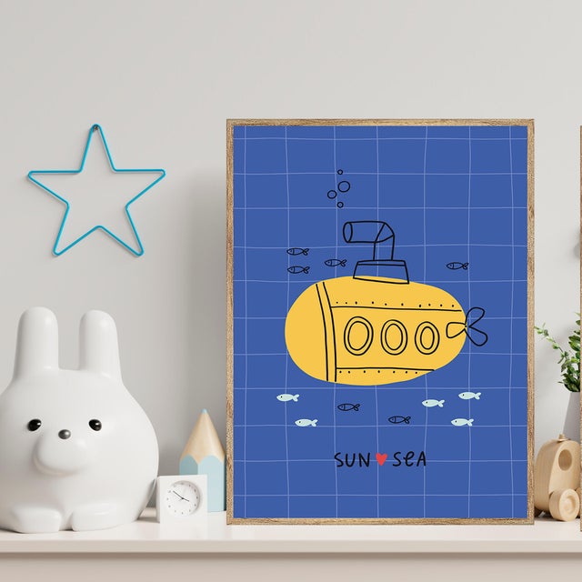 Cuadro pintura impresa enmarcada Infantil rectangular de 31 x 41 cm. MDF Submarino azul. Marco color Haya