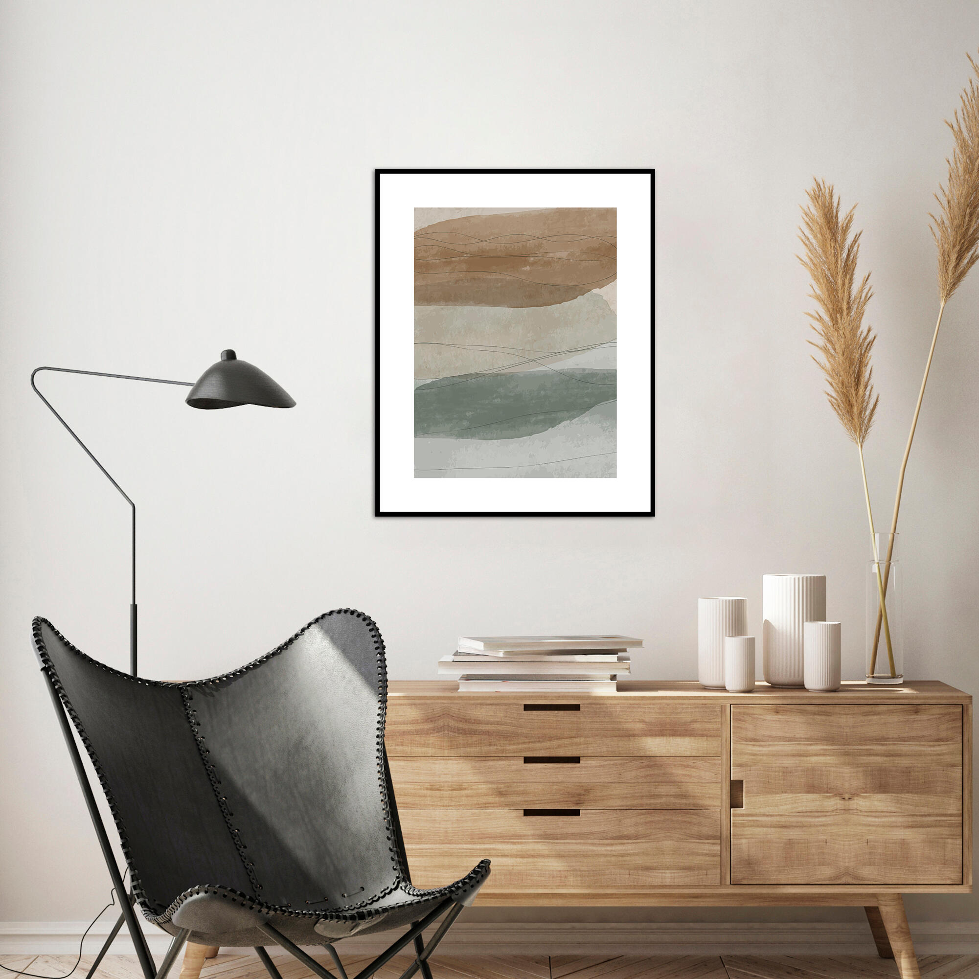 Cuadro pintura impresa enmarcada Abstracto rectangular de 41 x 51 cm. MDF Olas marrón y gris. Marco color negro - 6