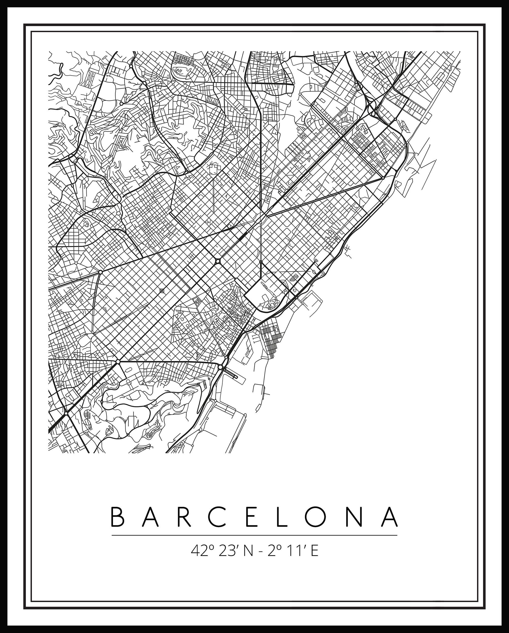 Cuadro pintura impresa enmarcada Urban City rectangular de 41 x 51 cm. MDF Mapa Barcelona blanco y negro. Marco color Negro - 2