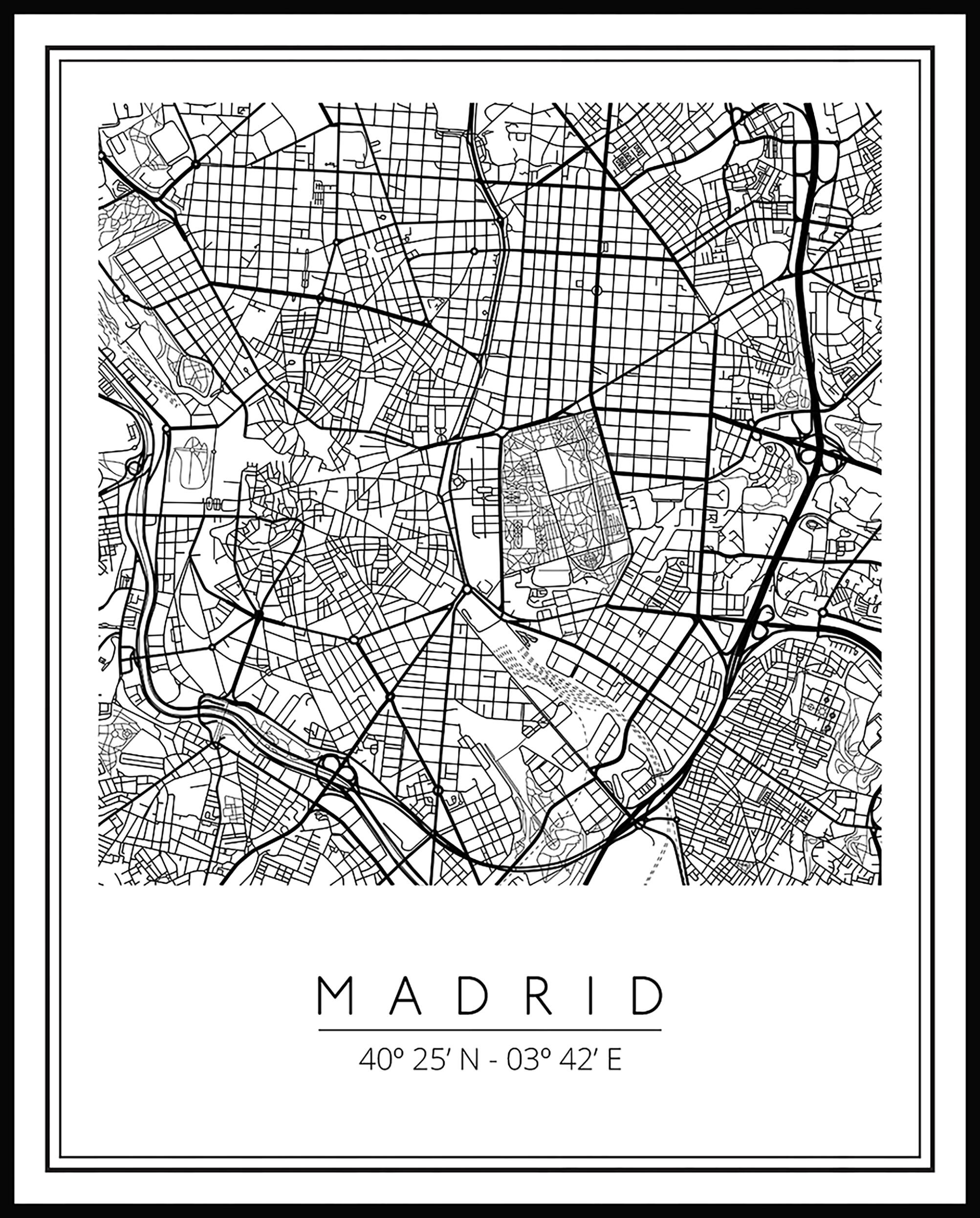 Cuadro pintura impresa enmarcada Urban City rectangular de 41 x 51 cm. MDF Mapa Madrid negro y blanco. Marco color Negro - 2