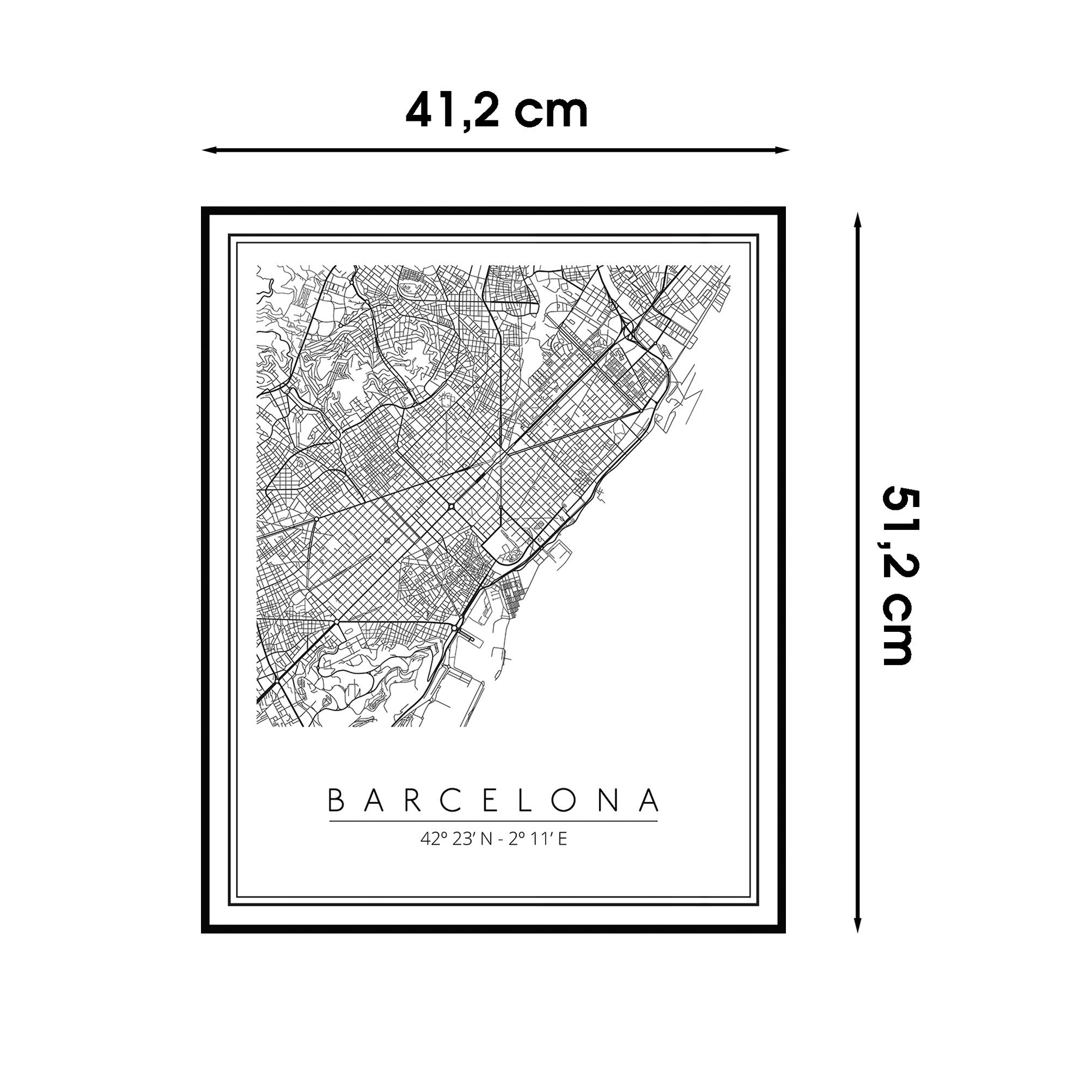 Cuadro pintura impresa enmarcada Urban City rectangular de 41 x 51 cm. MDF Mapa Barcelona blanco y negro. Marco color Negro - 3
