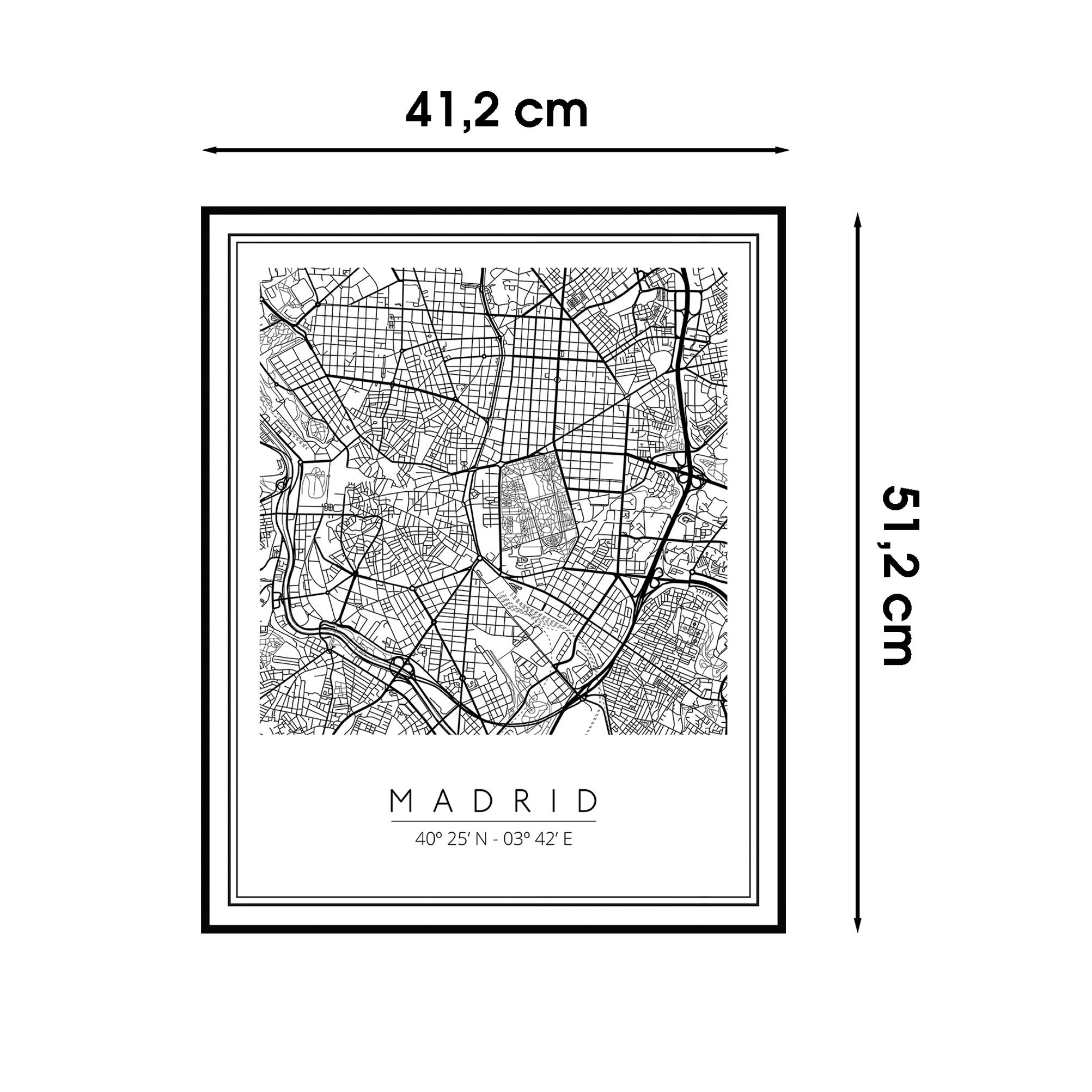 Cuadro pintura impresa enmarcada Urban City rectangular de 41 x 51 cm. MDF Mapa Madrid negro y blanco. Marco color Negro - 3