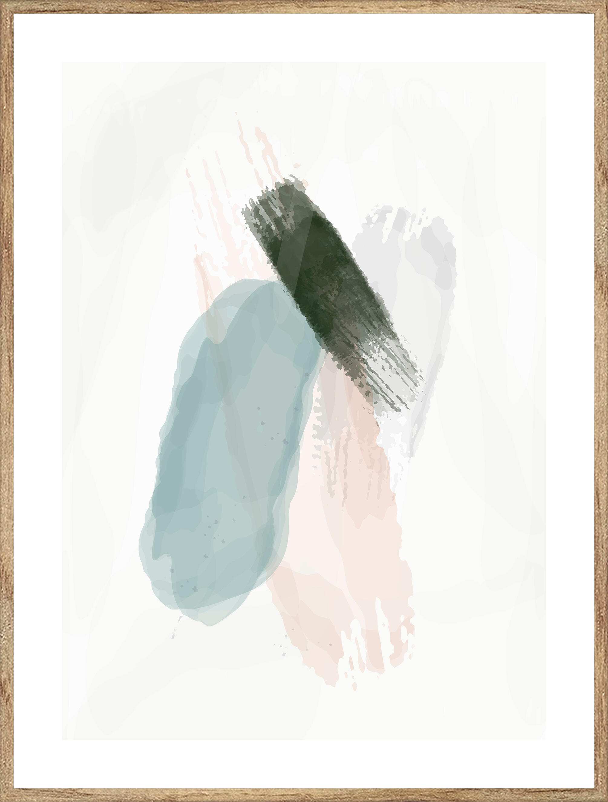 Cuadro pintura impresa enmarcada Abstracto rectangular de 31 x 41 cm. MDF Acuarela manchas verde, azul pastel. Marco color Haya - 2