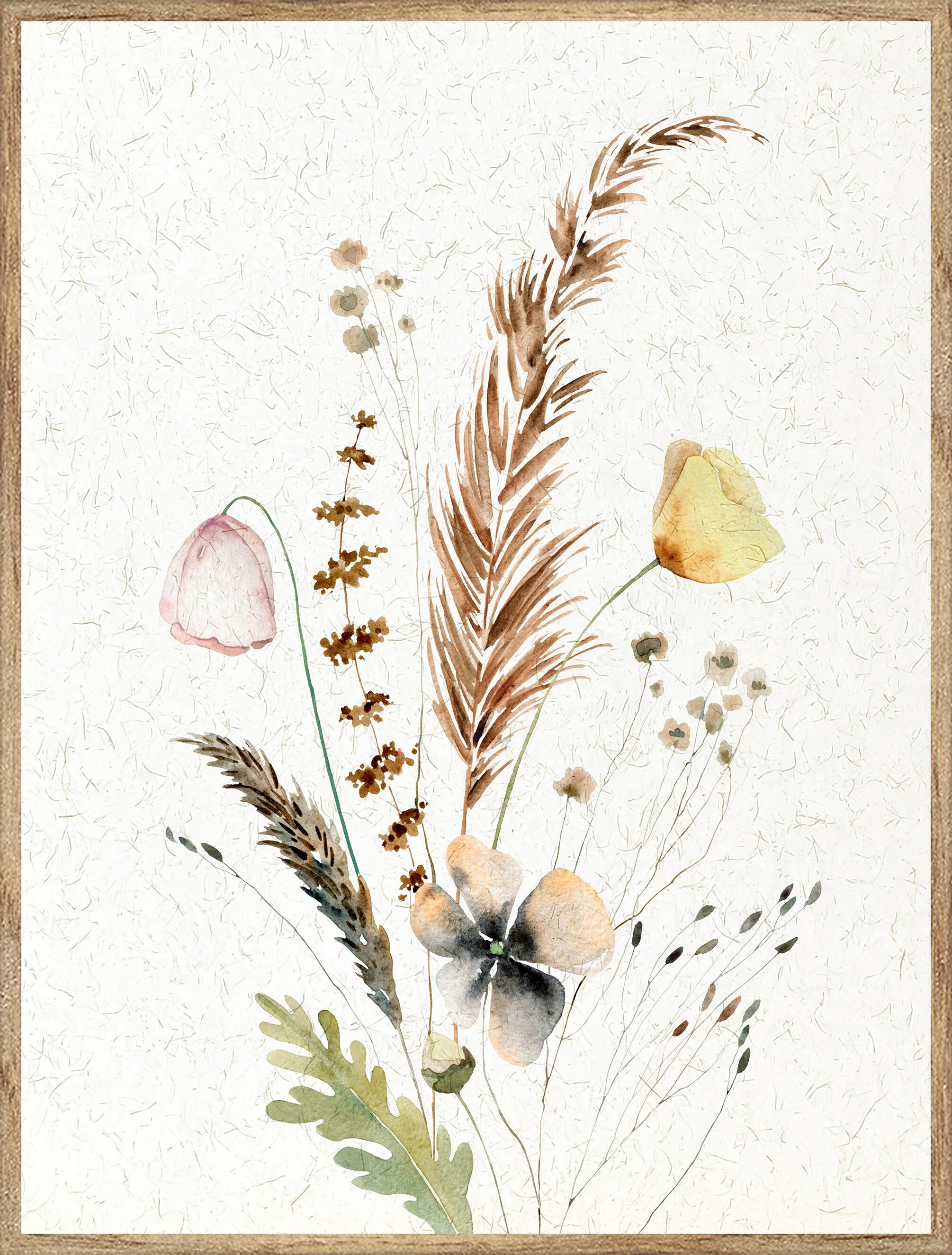 Cuadro pintura impresa enmarcada Botánica rectangular de 31 x 41 cm. MDF Flores secas pluma multicolor. Marco color Haya - 2