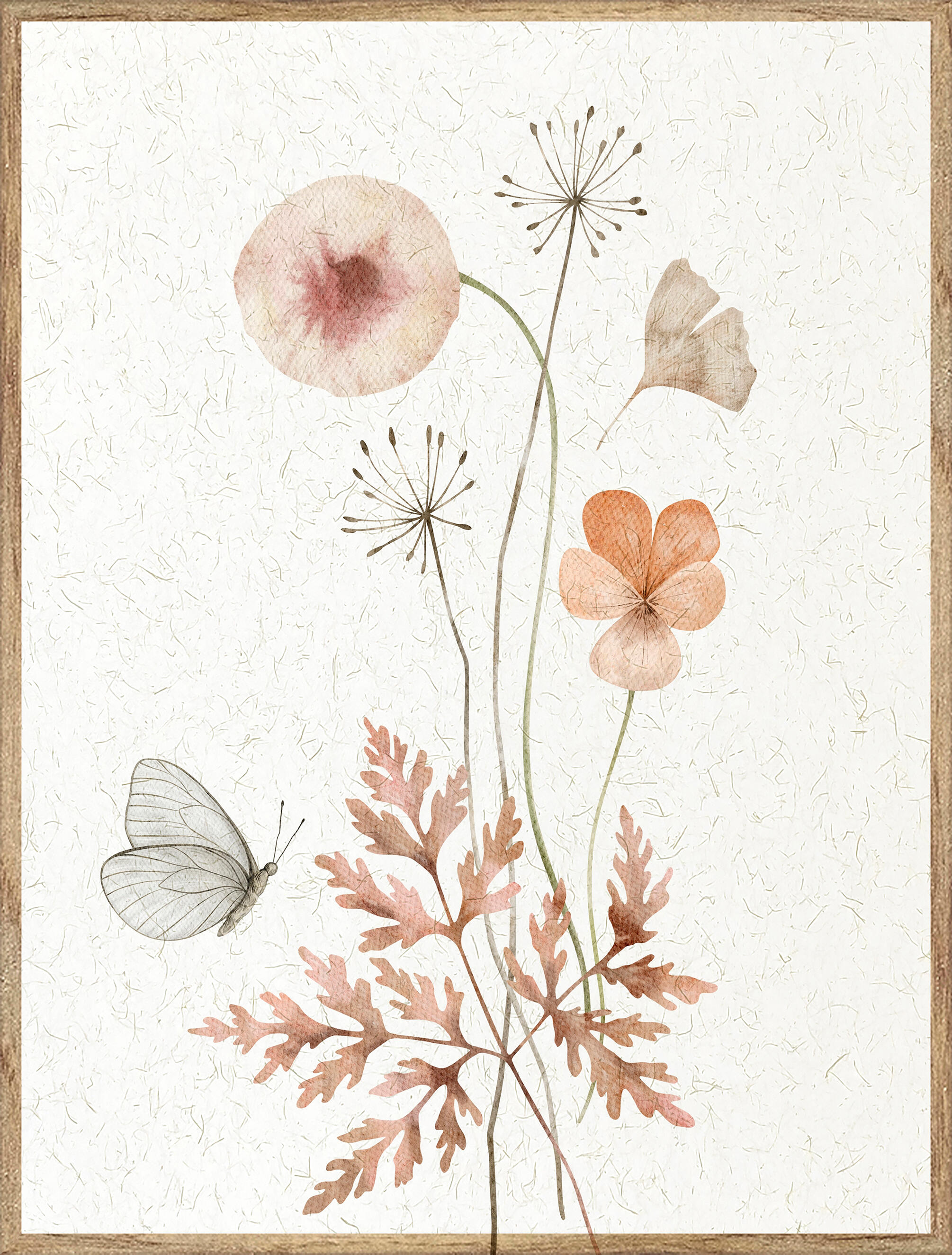 Cuadro pintura impresa enmarcada Botánica rectangular de 31 x 41 cm. MDF Flor Mariposa Lino multicolor. Marco color Haya - 2