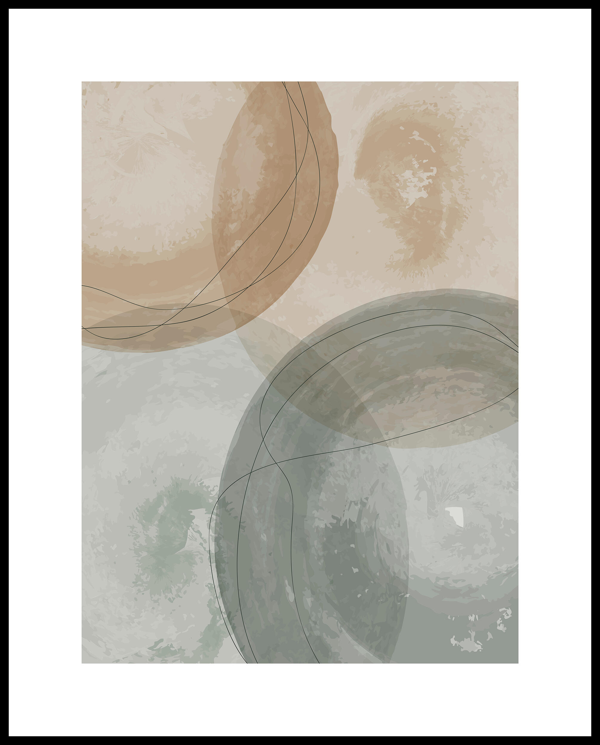 Cuadro pintura impresa enmarcada Abstracto rectangular de 41 x 51 cm. MDF Redonda marrón y gris. Marco color negro - 2