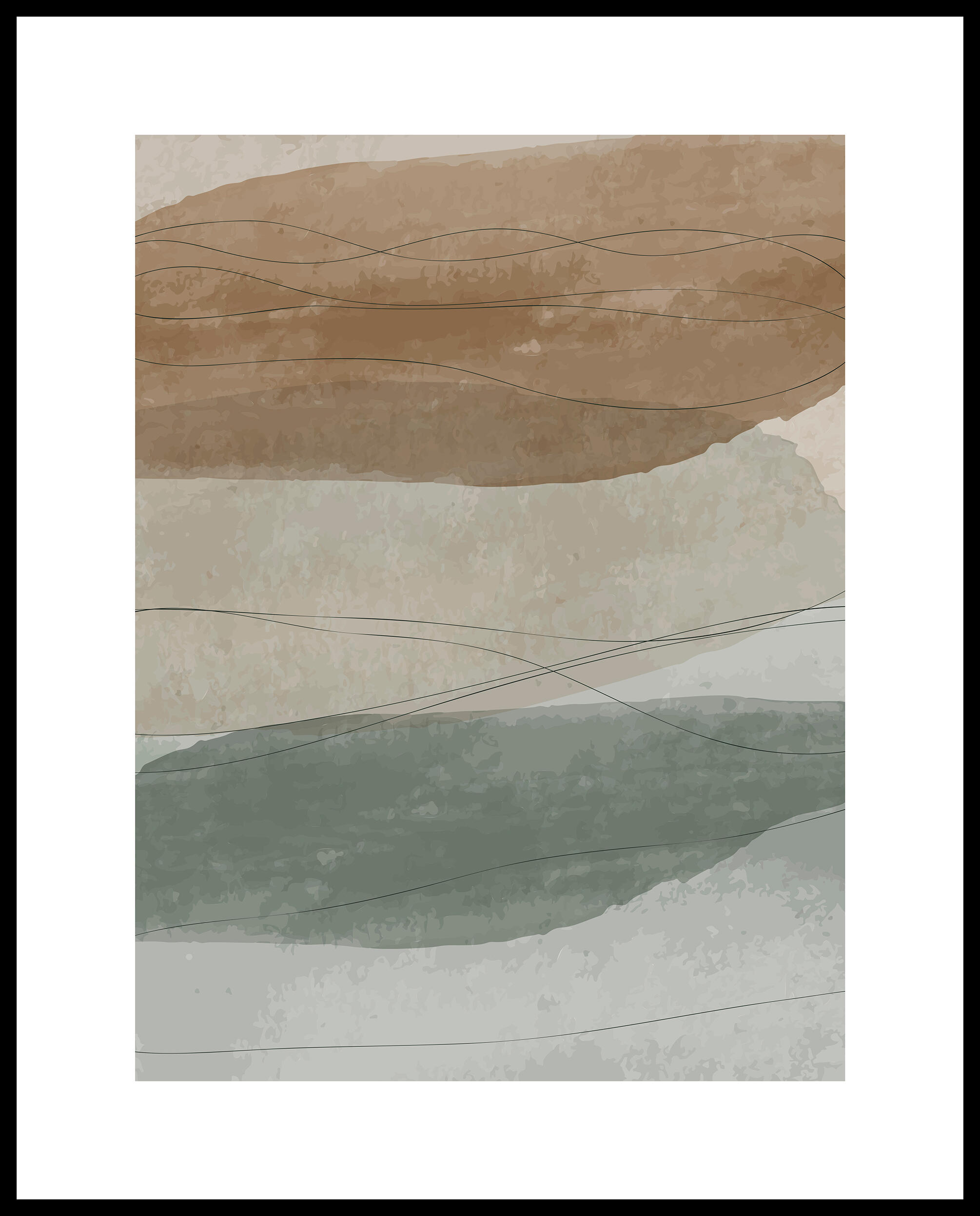 Cuadro pintura impresa enmarcada Abstracto rectangular de 41 x 51 cm. MDF Olas marrón y gris. Marco color negro - 2