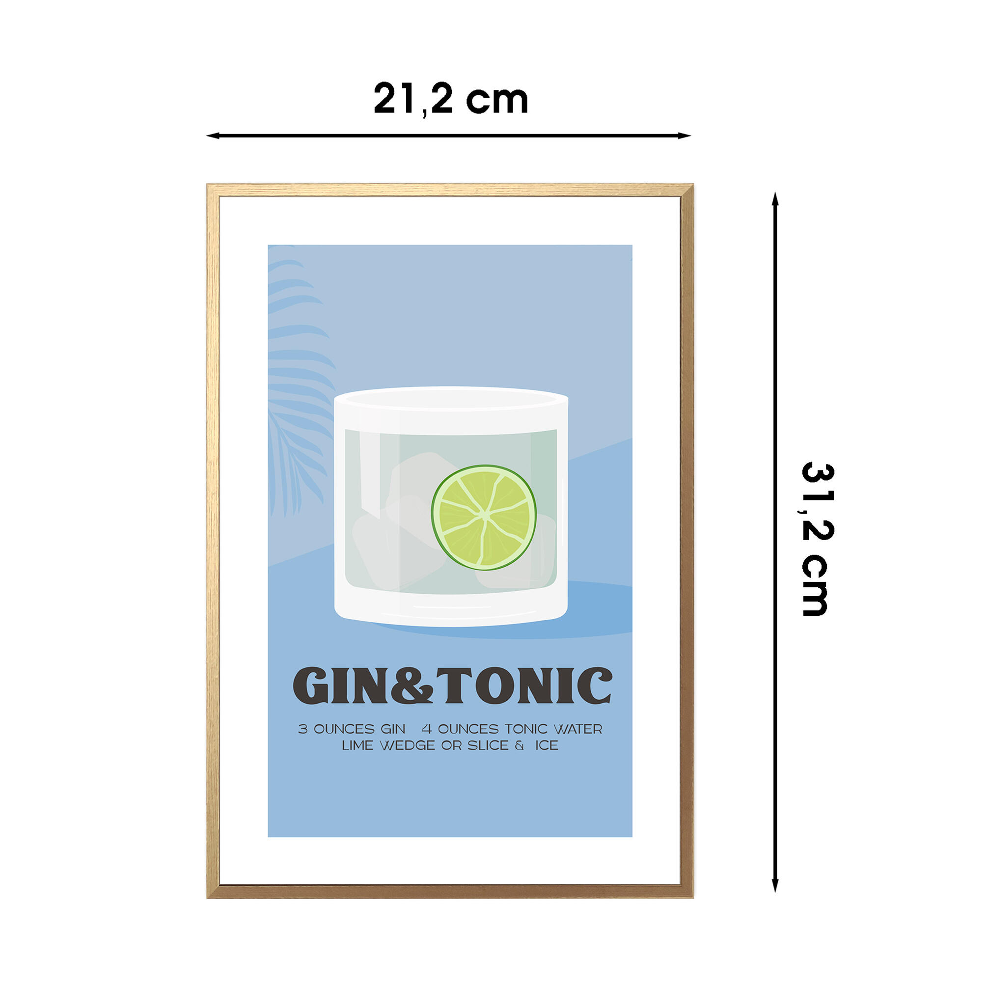 Cuadro pintura impresa enmarcada Comida y Bebida rectangular de 21 x 31 cm. MDF Gintonic fondo azul multicolor. Marco color Dorado - 3