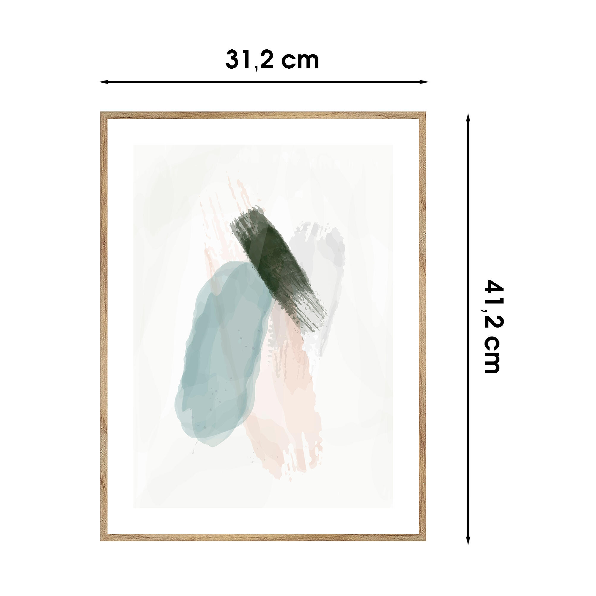Cuadro pintura impresa enmarcada Abstracto rectangular de 31 x 41 cm. MDF Acuarela manchas verde, azul pastel. Marco color Haya - 3